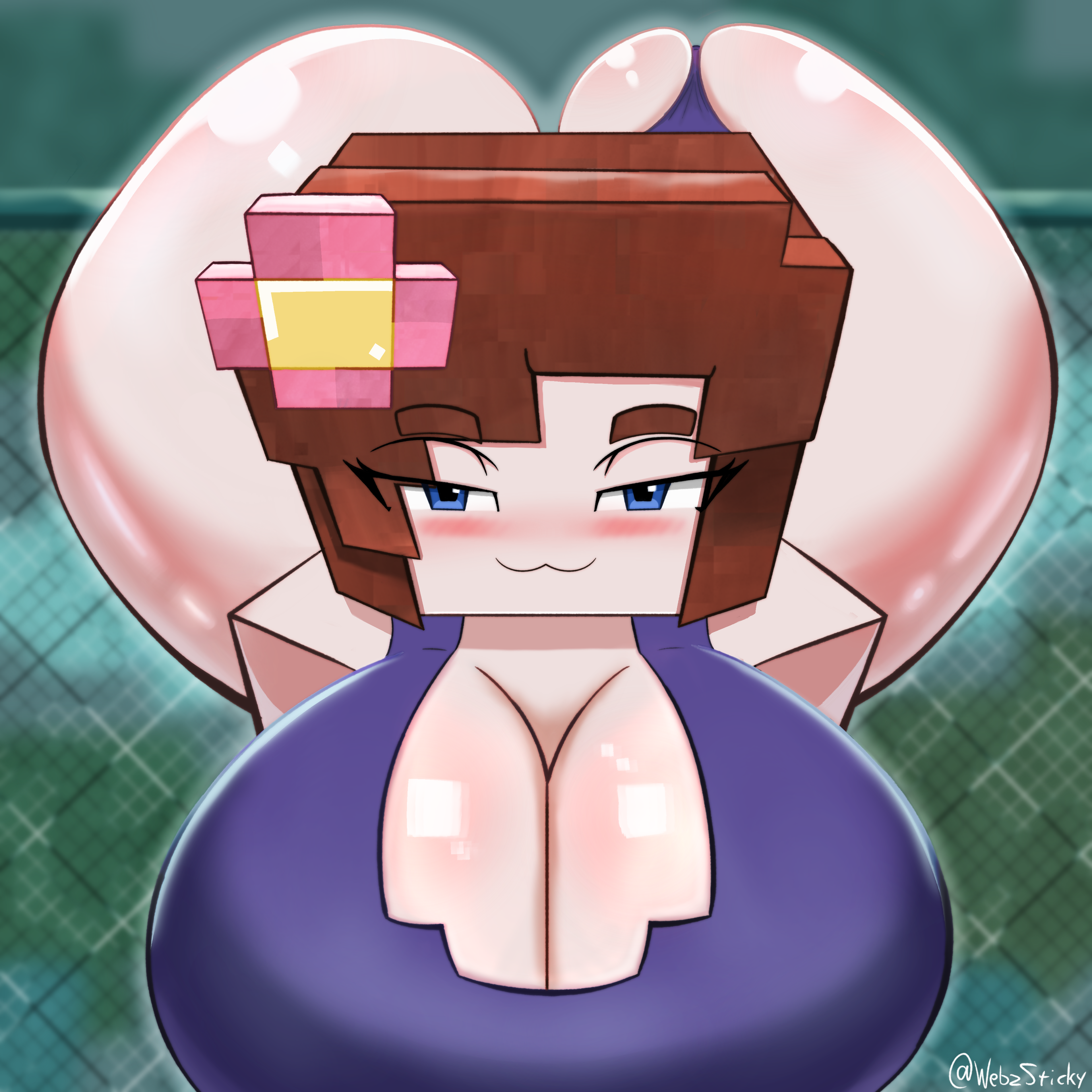 1girls, ass, ass up, azumanga daiou, big breasts, blushing, breasts, jenny belle (slipperyt), looking at viewer, minecraft, one piece swimsuit, onepiece swimsuit, outdoors, solo, swimsuit, webzsticky, wet