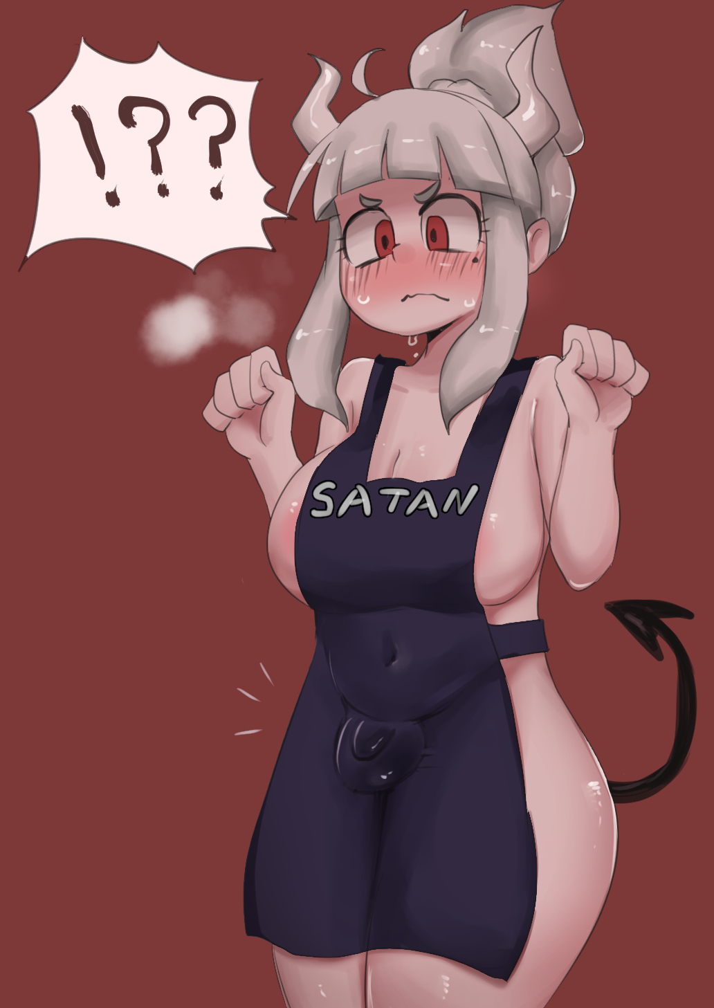 !, !!?, ?, 1futa, apron only, balls, big breasts, blush, breasts, bulge, flaccid, flaccid penis, futa only, futa transformation, futanari, grey hair, helltaker, horns, huge breasts, implied transformation, intersex, lucifer (helltaker), pale skin, pale-skinned futa, penis, penis bulge, ponytail, red eyes, small penis, solo futa, surprised, sweat, sweatdrop, text, thick thighs, thighs, transformation, zkky