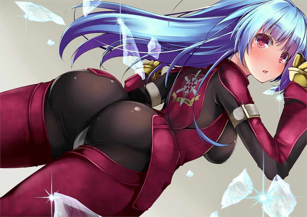 1girls, aqua hair, asian, ass, ass focus, big ass, blue hair, blush, bodysuit, breasts, cute, dd mayohara, eyelashes, female, fringe, hime cut, king of fighters, kula diamond, long hair, looking at viewer, looking back, mechanical hand, pale skin, red eyes, skinny, slim, snk, solo, teenager, viewed from below