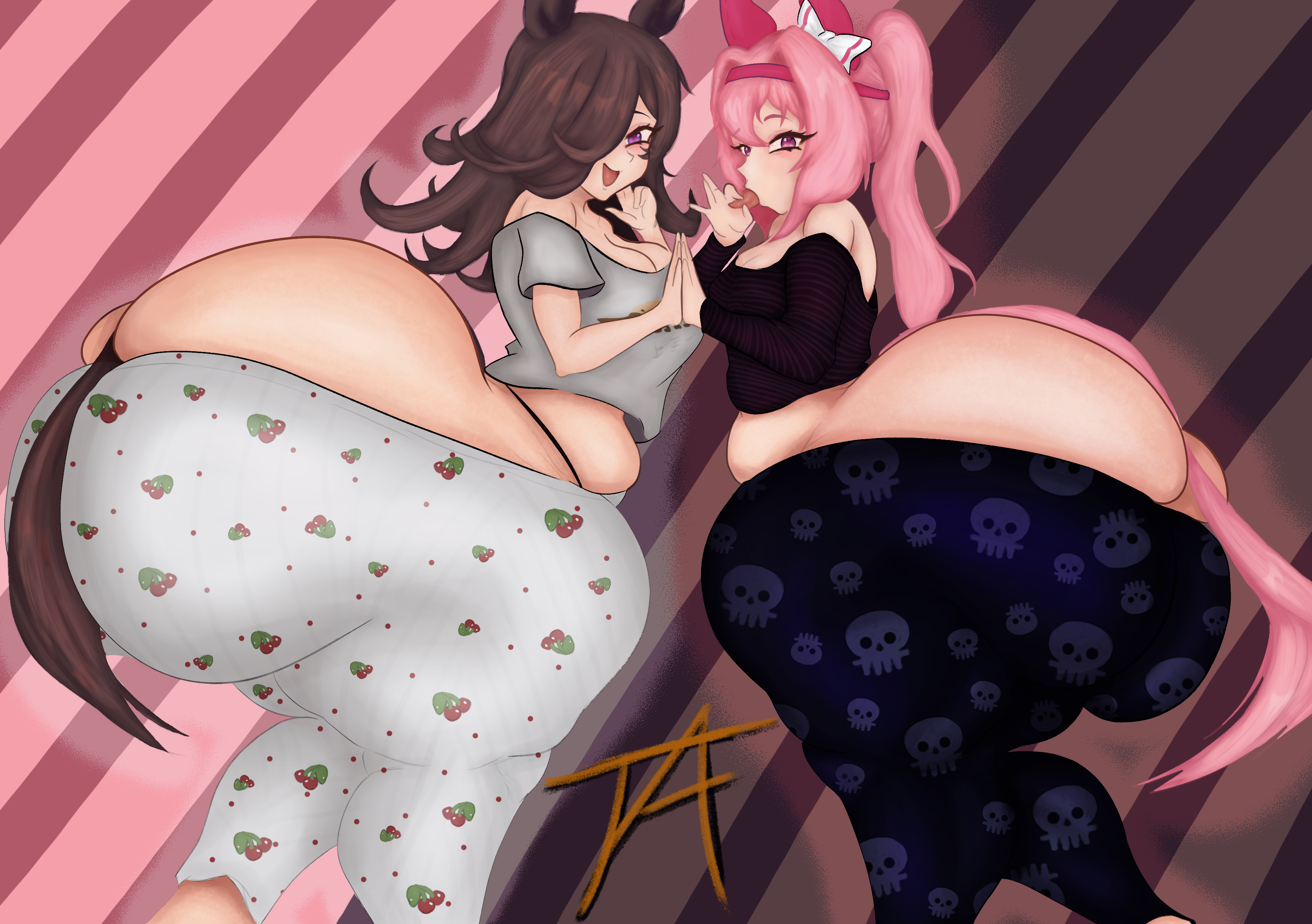 2026, 2d (artwork), 2d art, 2d artwork, 2girls, artist request, ass, ass bigger than head, ass cleavage, ass crack, ass focus, big ass, big butt, boobs, bottomwear, bottomwear halfway down, breasts, brown hair, butt, butt crack, butt focus, buttocks, digital art, digital drawing, digital drawing (artwork), digital media, digital media (artwork), female, female focus, female only, fully clothed, gigantic ass, haru urara (umamusume), horse ears, horse girl, horse tail, huge ass, hyper, hyper ass, hyper butt, i want her to sit on my face while i eat her out, large ass, large butt, looking at viewer, massive ass, massive butt, oral invitation, pink eyes, pink hair, purple eyes, rice shower (umamusume), thick, thick ass, thick butt, thick thighs, thong, tongue, tongue out, umamusume, umamusume pretty derby