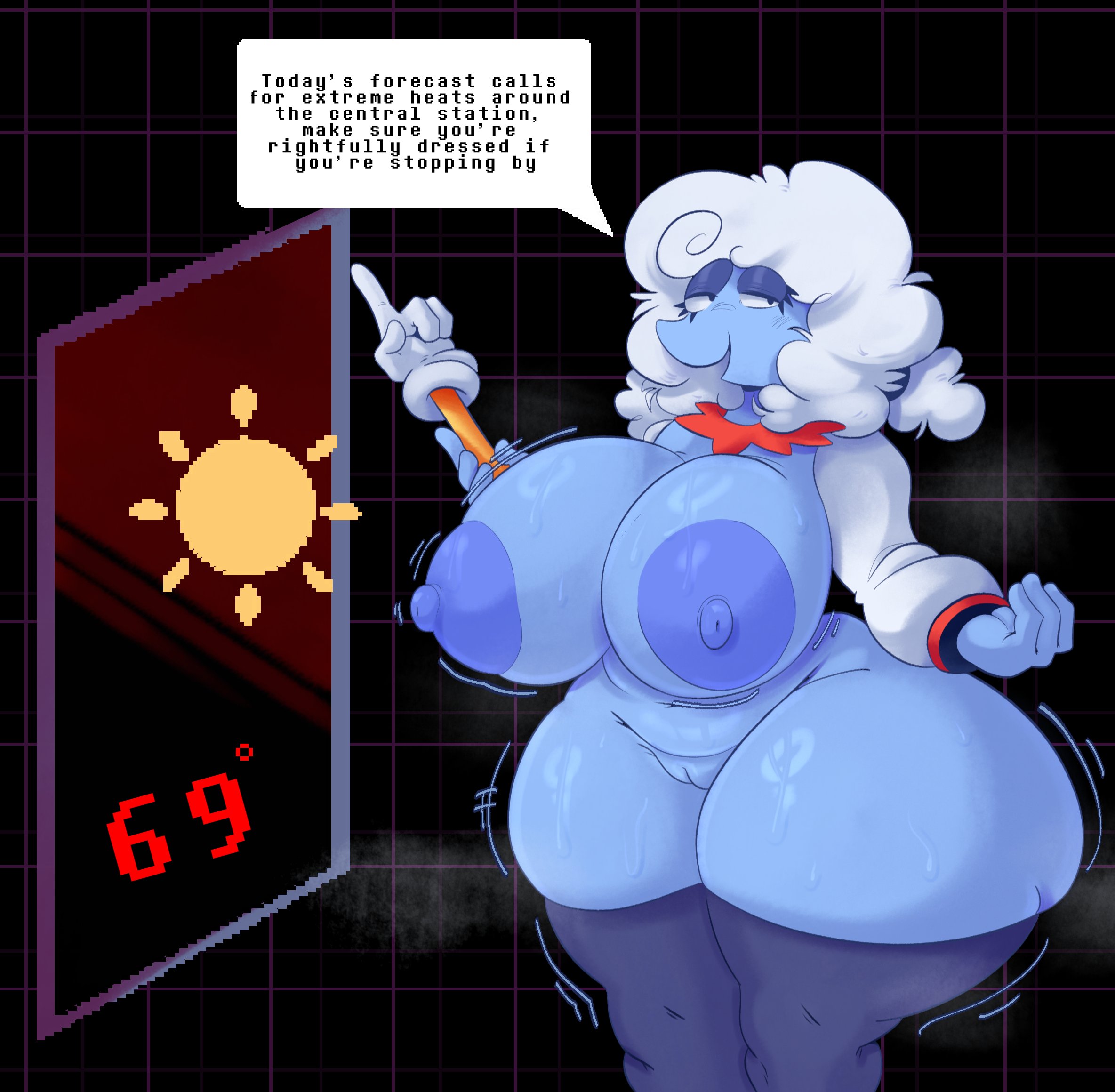 1girls, 2026, 2d, 2d (artwork), areolae, big breasts, blue body, blue skin, bottom heavy, cloud hair, color, colored, curvaceous female, curvaceous figure, curvy, curvy female, curvy figure, deltarune, deltarune chapter 3, dialogue, digital drawing (artwork), digital media (artwork), elnina (deltarune), english text, female, female only, front view, functionally nude, functionally nude female, huge breasts, large breasts, mostly nude, motion lines, musk clouds, nipples, pear-shaped figure, pussy, rabbit5gamer, solo, solo female, speech bubble, sun, sweat, sweaty, sweaty body, text, thick thighs, thigh highs, thighhighs, thighs, thunder thighs, thunderthighs, undertale (series), voluptuous, voluptuous female, vulva, white hair, wide hips
