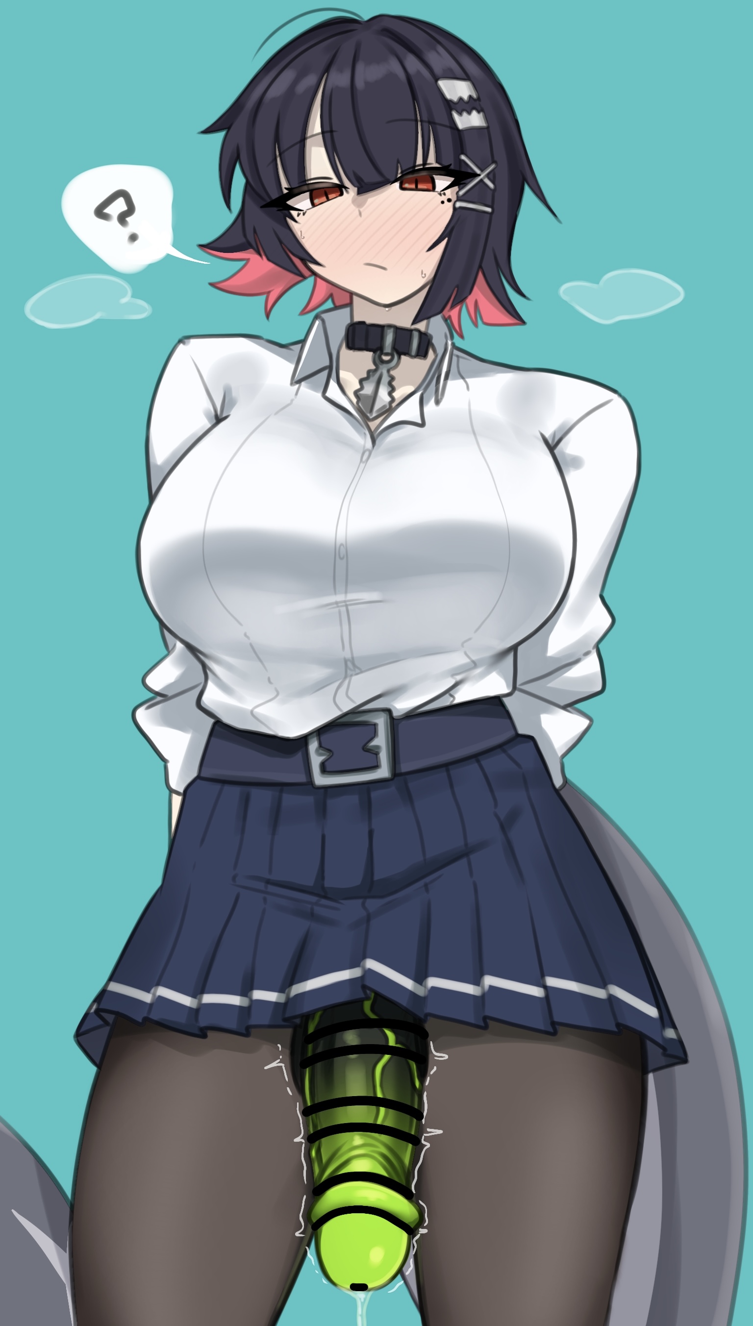 2d, bar censor, black and red hair, censored, ellen joe, ellen joe (on campus), ether corruption, futa focus, futa only, futanari, hoyoverse, penis out, penis out of skirt, question mark, red eyes, shark girl, shark tail, skirt, tagme, unaware, unkown artist, zenless zone zero