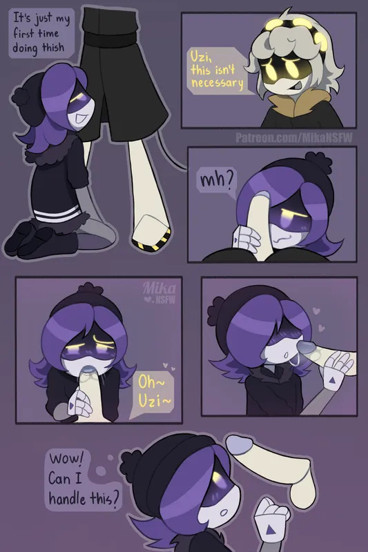 1boy, 1boy1girl, 1girls, blowjob, cock, male/female, mikansfw, murder drones, n (murder drones), penis, pubic hair, purple hair, robot girl, sucking penis, uzi (murder drones), uzi doorman