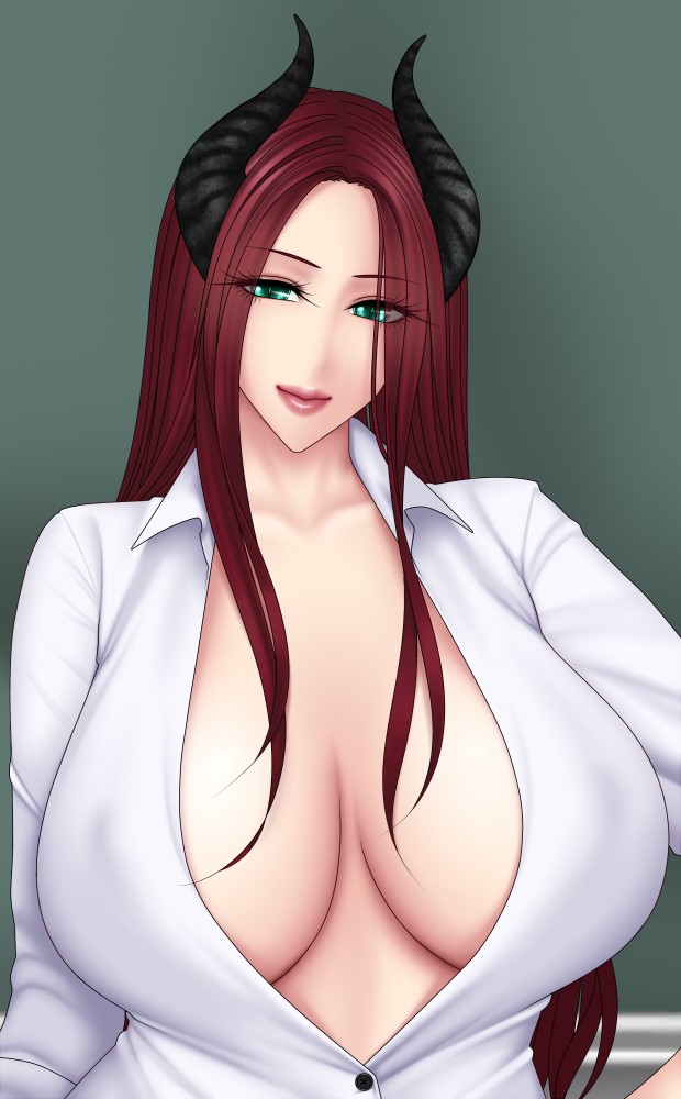 1girls, baru (val-val), big breasts, breasts, cleavage, demon, female, female only, green eyes, large breasts, looking at viewer, milf, original, original character, pixiv succubus, red hair, solo, succubus