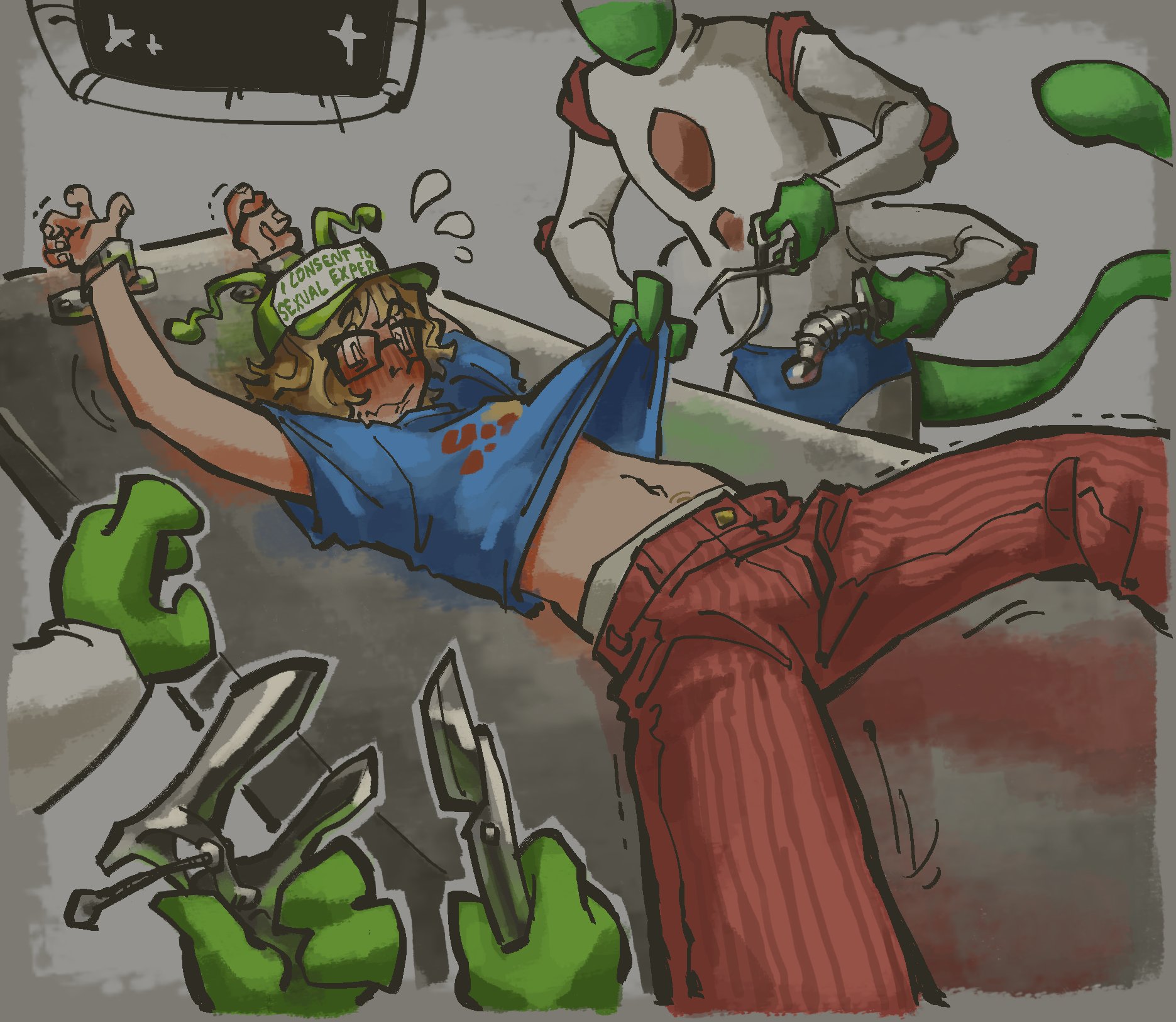 2boys, alien tail, alien/human, aliens, antennae, blonde hair, blush, blush lines, blushing, experiment, experimentation, exposed stomach, fact attack adventures, facty (fact attack adventures), fake antennae, four arms, glasses, happy trail, hat, laying down, lifting shirt, medical play, nonbinary, red pants, restrained, sci-fi, shake lines, shaky legs, stomach, surgical operation, surgical scissors, surprised, surprised expression, tagme, tail, tremble lines, trembling legs, visible underwear, white underwear
