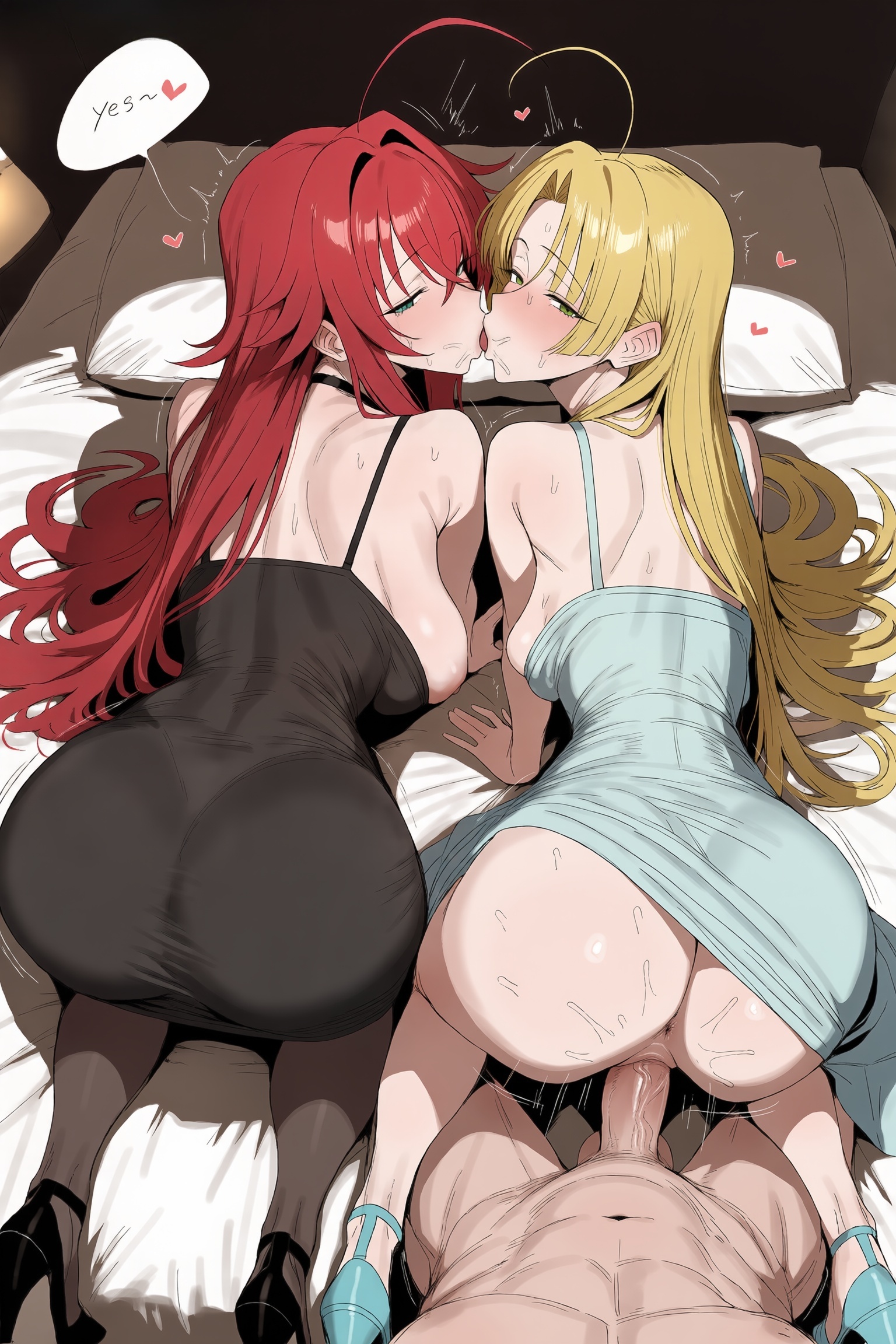 1boy, 2girls, ahoge, ai generated, asia argento, ass, back, black panties, blonde hair, blush, breasts, clothed sex, dress, ffm threesome, french kiss, green eyes, group sex, hair intakes, heart, hetero, hi res, high heels, high quality, high resolution, high school dxd, kiss, large breasts, multiple girls, panties, patreon, penis, pussy, red hair, rias gremory, seductive, sex, sexy, strap slip, sweat, threesome, uncensored, underwear, vaginal