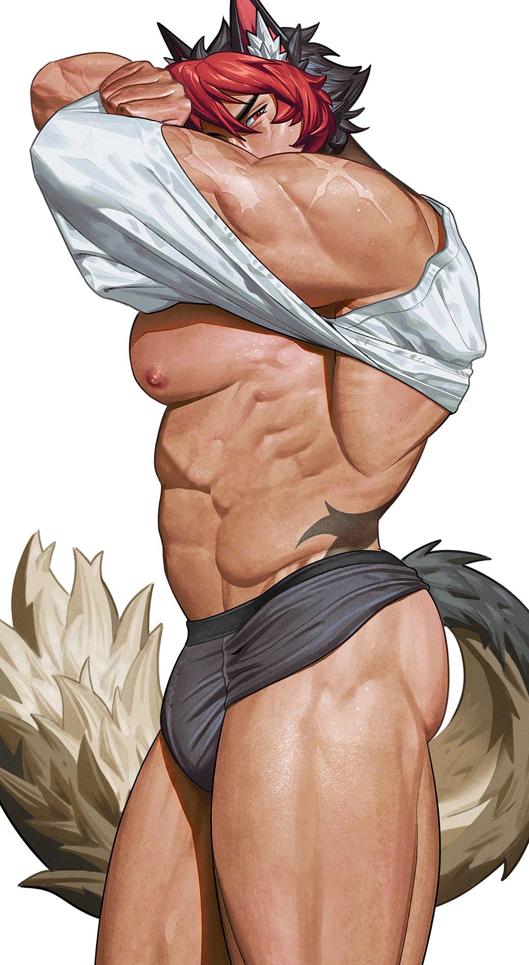agzakart, bulge, bulge through clothing, gay, komano manato, large ass, large pectorals, male only, muscular male, no visible genitalia, solo male, yaoi, zenless zone zero