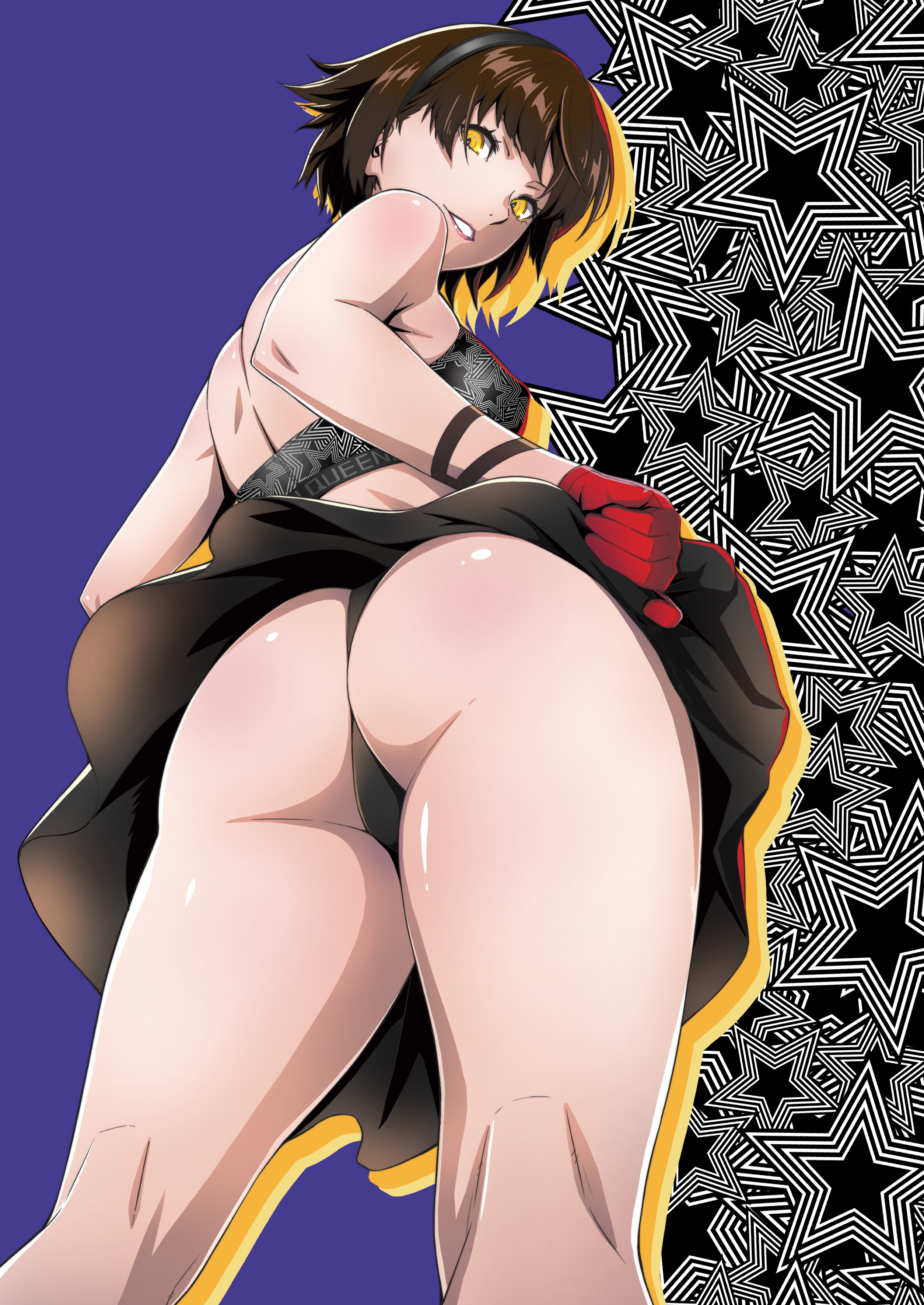 1girls, ass, atlus, black panties, brown hair, exposed ass, exposed panties, female, from below, gentle sasaki, looking down, makoto niijima, panties, persona, persona 5, persona 5: dancing star night, short hair, solo, standing, thick thighs, underwear, upskirt