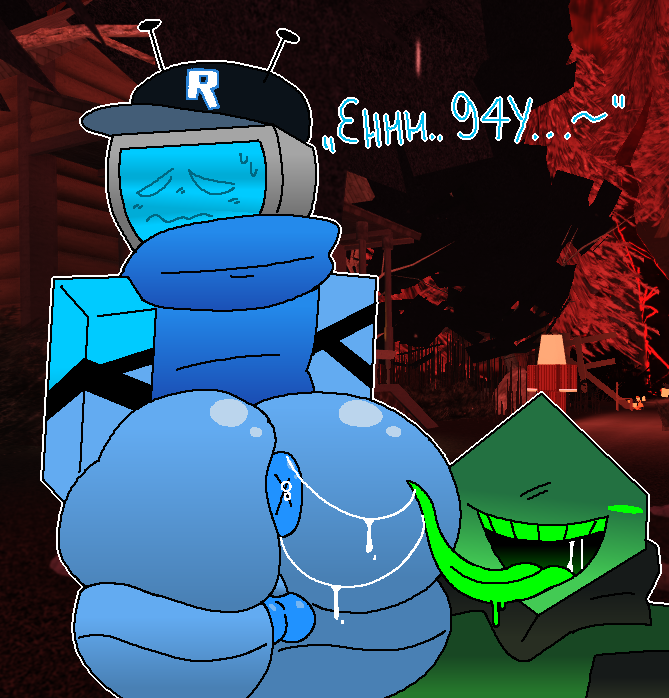 2boys, anus, ass, balls, blue body, boy veeronica, clothing, elbows, english, english text, ferman, ferman (robloxian), forsaken (roblox), gay, gay anal, gay male, gay sex, hat, huge ass, liquid, no eyes, no pants, original character, roblox, roblox game, robloxian, robot, robot boy, spit, teeth, tongue, tongue out, veeronica