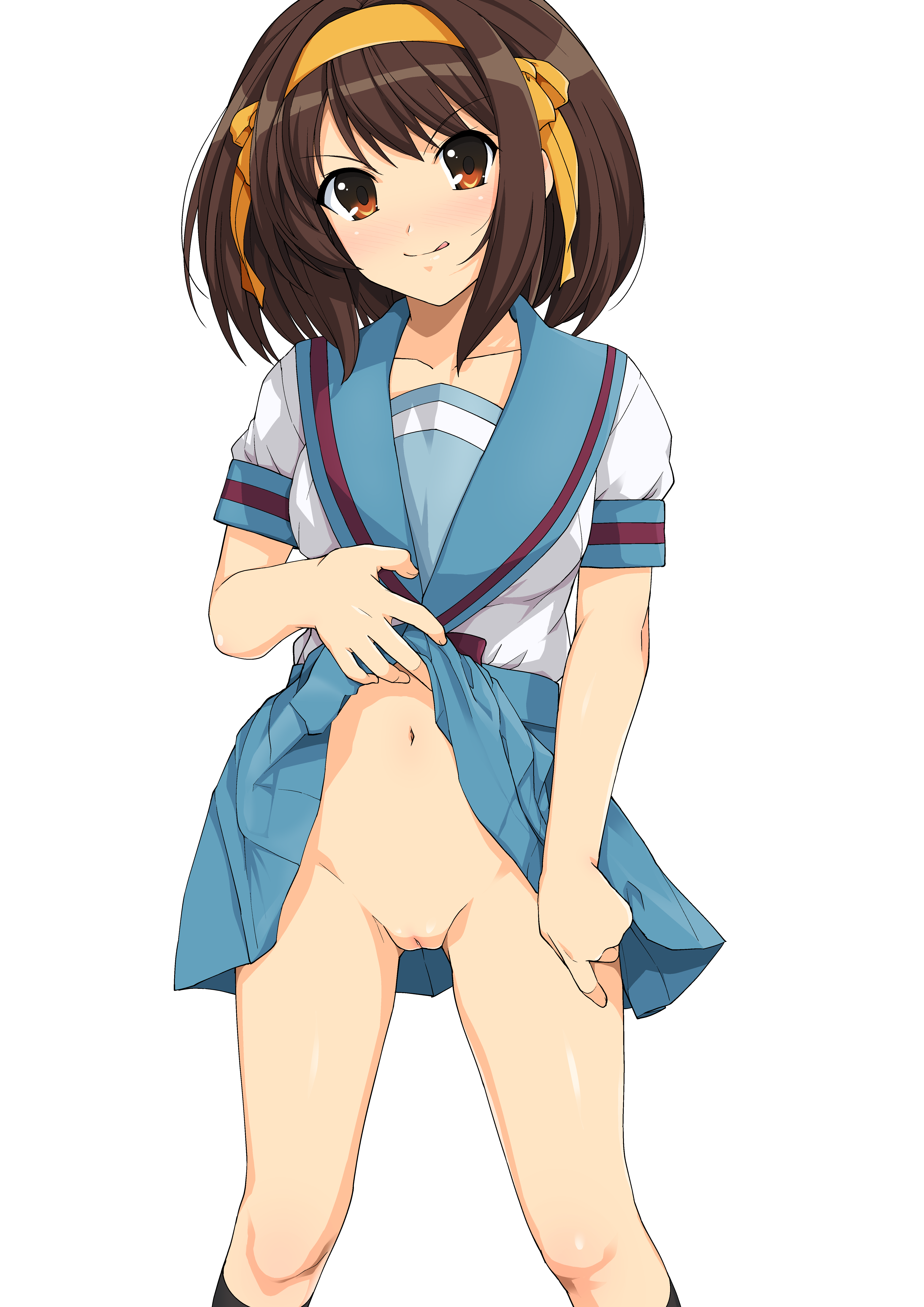 :p, 00s, absurdres, blue skirt, bottomless, breasts, brown eyes, brown hair, clothing, collarbone, female, female focus, hairband, haruhisky, head tilt, highres, large breasts, looking at viewer, navel, no panties, pussy, ribbon, sailor collar, school uniform, serafuku, short hair, short sleeves, skirt, skirt lift, small breasts, socks, spread legs, suzumiya haruhi, suzumiya haruhi no yuuutsu, thigh gap, tongue, tongue out, uncensored