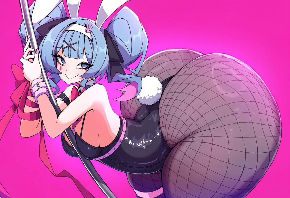 ass, big butt, blue eyes, blue hair, bunny ears, bunny tail, bunnysuit, butt, curves, fat ass, fishnet pantyhose, fishnets, hatsune miku, looking at viewer, pantyhose, vocaloid