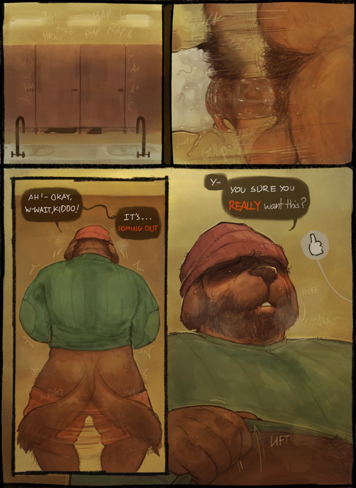2males, anthro, balls, bathroom, bathroom stall, beanie, blowjob, brown fur, brown hair, clothed, clothed sex, clothing, comic, comic page, consensual, consent, digital media (artwork), duo, english text, erection, eyebrows, fanofthefurr, fellatio, fur, furry, furry only, gay, genital fluids, genitals, glory hole, gloryhole, hair, hobo, homeless, imminent orgasm, indoors, inside, irrumatio, kneeling, male, male focus, male only, male penetrated, male penetrating, male penetrating male, male/male, musk, musky, musky balls, musky cock, onomatopoeia, open mouth, oral, penetration, penis, polar bear, precum, precum drip, precum on penis, pubic hair, pubic hair in mouth, pubic hair on face, restroom stall, saliva, saliva on penis, sex, short hair, sloppy, sloppy blowjob, sweat, sweatdrop, sweating, sweaty, testicles, thumbs up, toilet, uncensored, uncut, upper body, veiny penis, white fur, yaoi