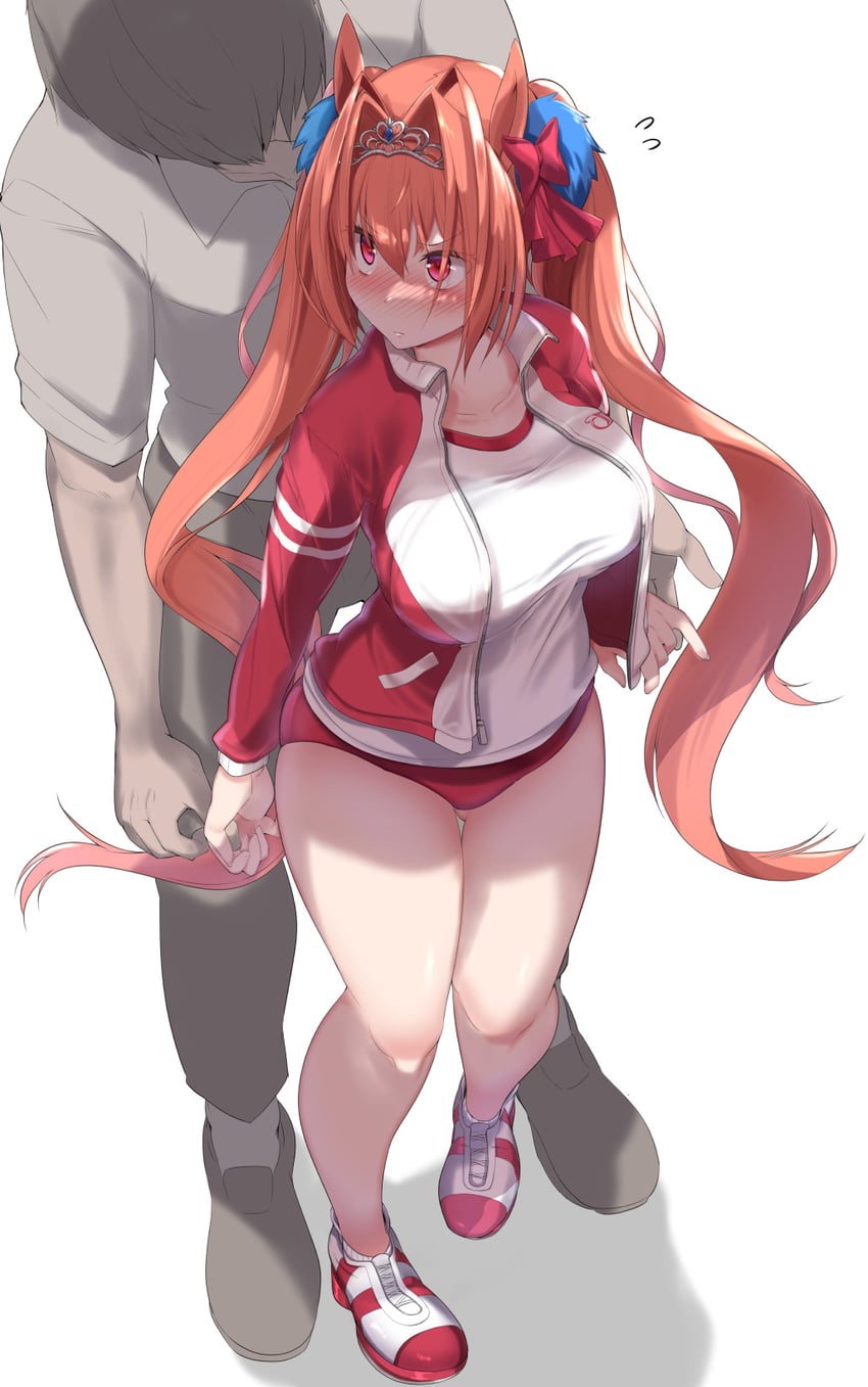 1boy, 1girls, 2d, 2d (artwork), anonymous male, artist request, boobs, cute face, daiwa scarlet (umamusume), dark skin, dark-skinned male, light skin, light-skinned female, orange hair, tail, tan skin, tan-skinned male, thick thighs, thighs, tiara, trainer, umamusume, umamusume pretty derby, white background