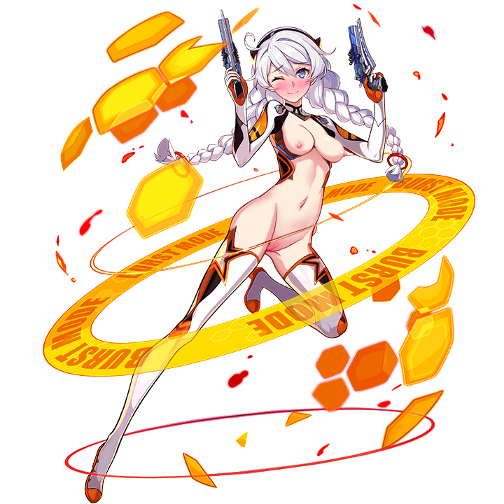 1girls, blue eyes, blush, breasts, female, female only, genesect1999, gun, heart-shaped pupils, honkai impact, honkai impact 3rd, kiana kaslana, medium breasts, nude, one eye closed, pussy, smile, twin braids, white hair, white legwear, wink