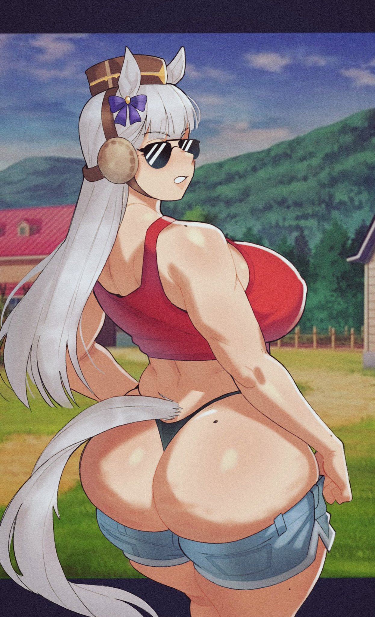 fat ass, gold ship (umamusume), huge breasts, johnv, large ass, looking back, shorts, sunglasses, thong, umamusume, umamusume pretty derby, white hair