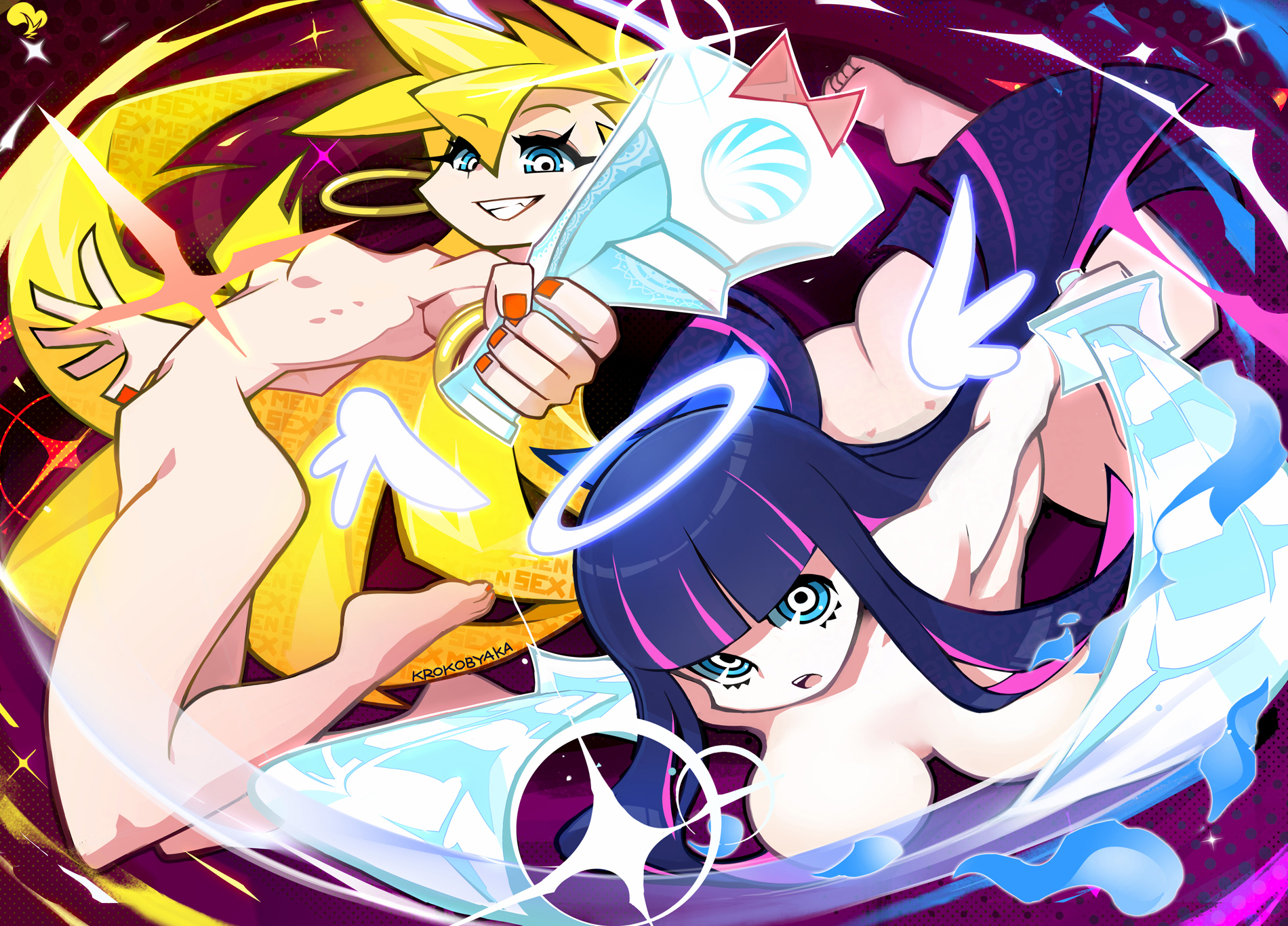 2022, 2girls, angel, angel wings, ass, bangle, bangs, blonde hair, blue bow, blue eyes, blunt bangs, bow, bracelet, breasts, casual, convenient censoring, earrings, feet, female, female focus, female only, firearm, full body, gradient, gradient background, gun, hairbow, halo, handgun, highres, hoop earrings, humanoid, jewelry, krokobyaka, large breasts, long hair, looking at viewer, multicolored hair, multiple females, multiple girls, nonsexual, nonsexual nudity, nude, open mouth, pale skin, panty & stocking with garterbelt, panty anarchy, pink hair, purple hair, soles, stocking anarchy, thighs, toes, two-tone hair, very long hair, weapon, wings