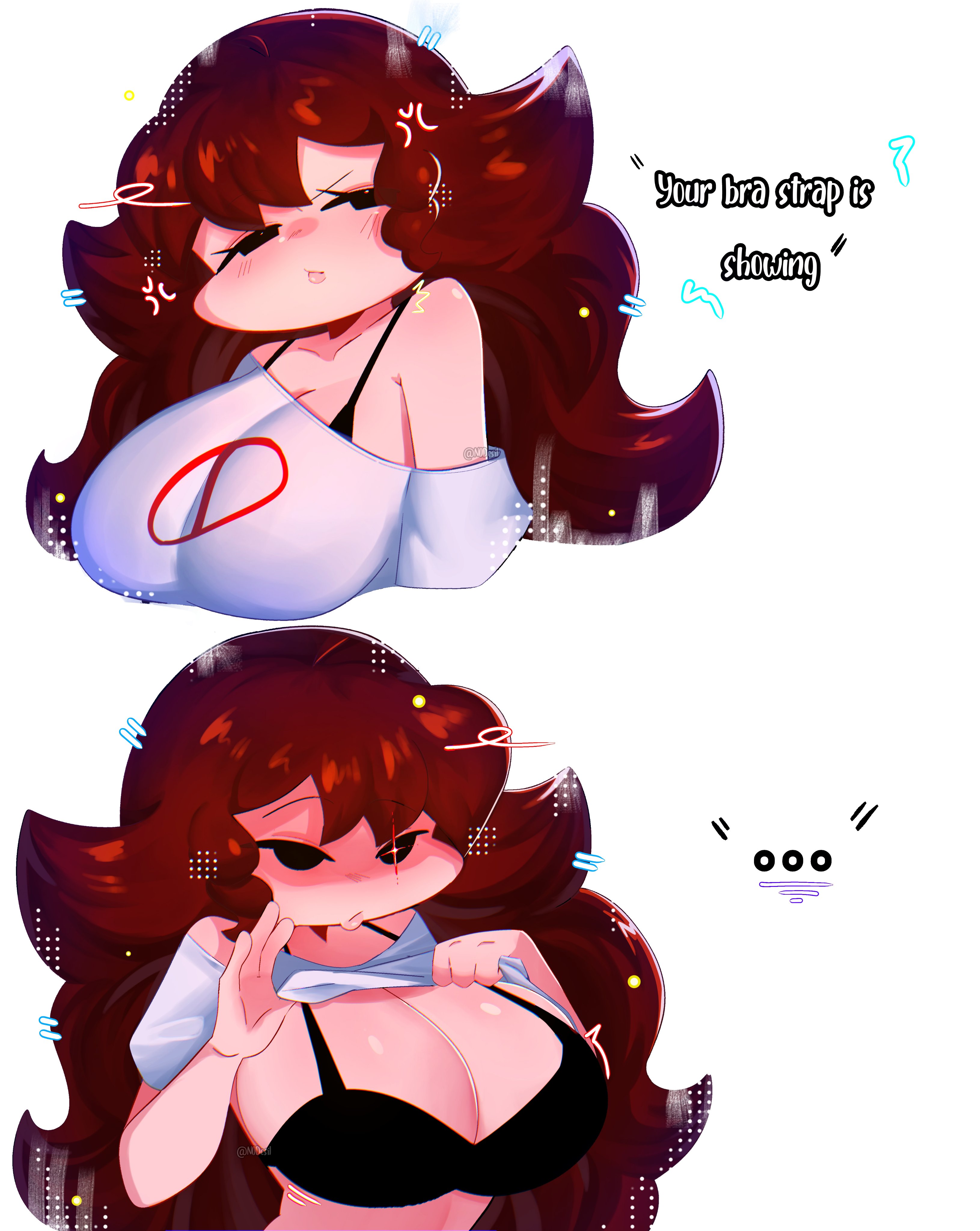 big breasts, black bra, bra, bra strap, bra strap is showing (meme), breasts, brunette, cleavage, female, flashing breasts, friday night funkin, girlfriend (friday night funkin), meme, no desi1, pale-skinned female, presenting breasts, revealing breasts, solo, text