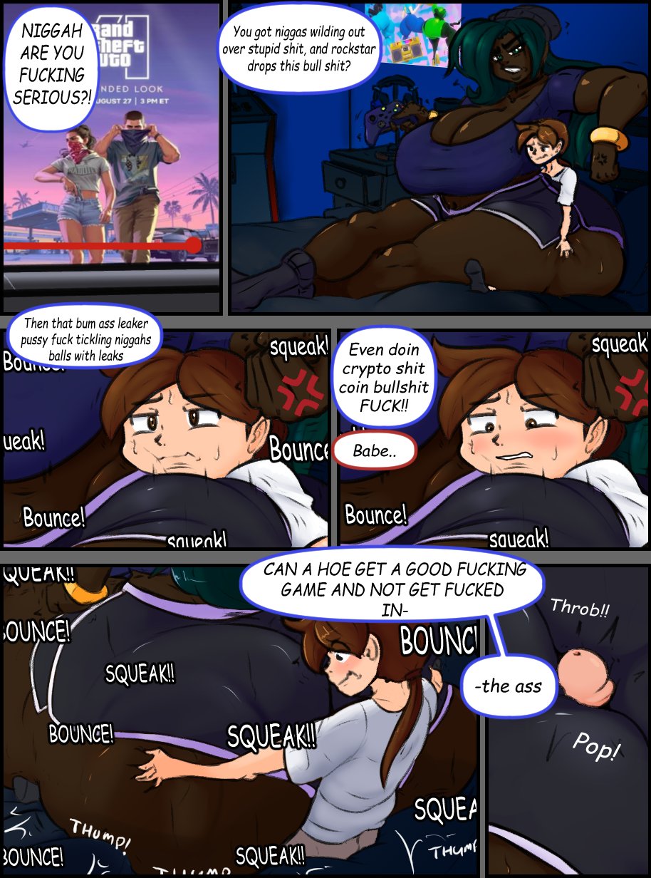 ass, ass bigger than body, ass bigger than breasts, ass bigger than head, ass bigger than human, ass focus, ass grab, big ass, big breasts, breasts, butt, dark skin, dark-skinned female, ebony, ebony female, female, from behind, gamer girl, giant female, giantess, gigantic butt, girl, goku (gokusenpai), gokusenpai, interracial, jade (gokusenpai), large ass, large breasts, large butt, larger female, male, massive ass, massive butt, mini giantess, original, original character, sitting, sitting on another, sitting on bed, sitting on lap, sitting on person, size difference, small but hung, smothered, smothering, smothering ass, tagme, tall female, taller female, wobbling ass