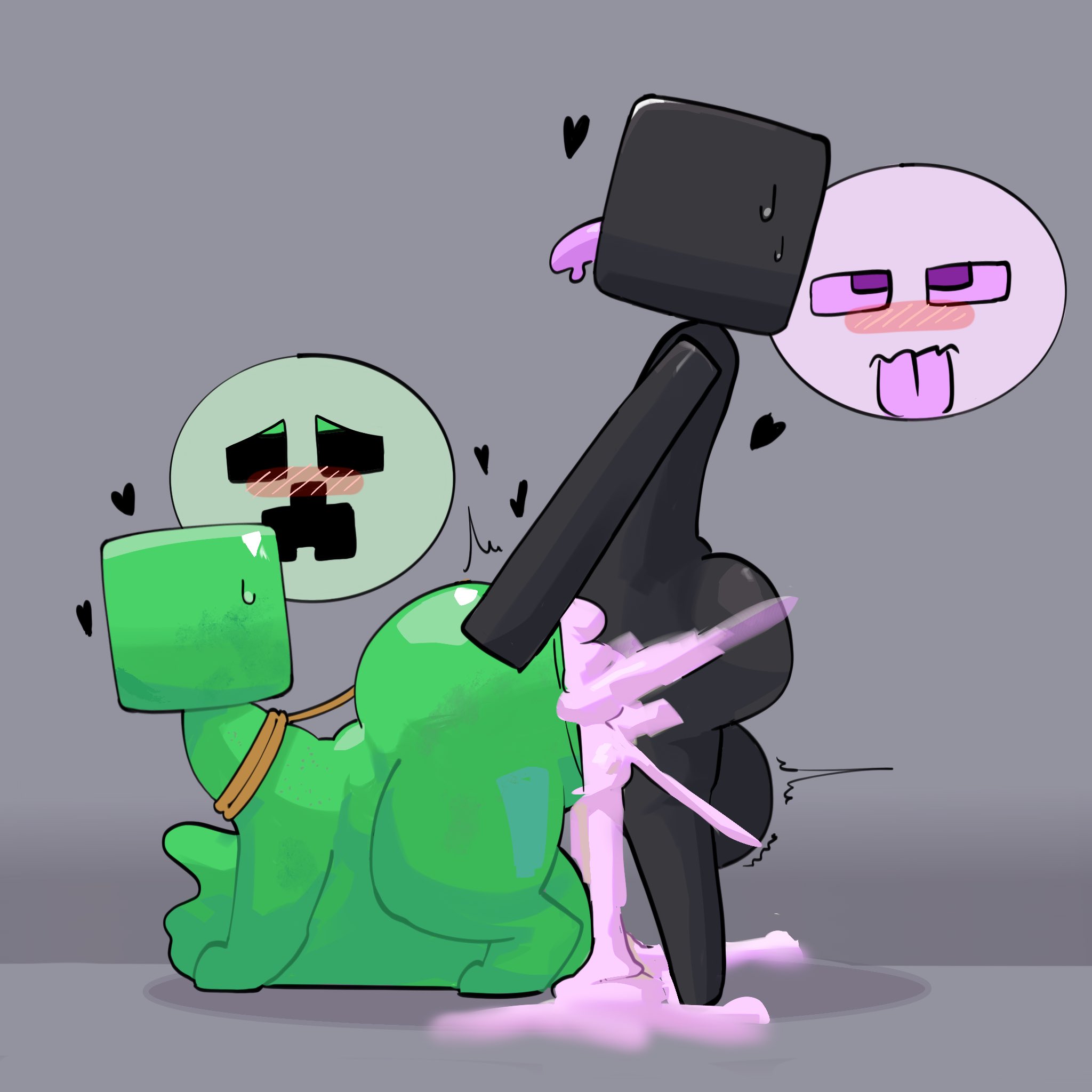2d (artwork), ass, balls, black body, blush, creeper, cum, cum inflation, cum inside, cumflation, enderman, f d e i a, feral, green skin, hearts, leash, male, male only, microsoft, minecraft, mojang, pink cum, simple background, standing, standing doggy style, tagme, tounge out
