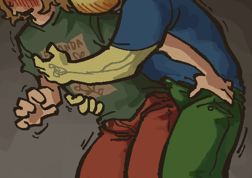1male, blonde hair, blue shirt, blush lines, blushing, bulge, clothed, dry humping, fact attack adventures, facty (fact attack adventures), fully clothed, grabbing, grabbing chest, grabbing from behind, grabbing waist, green pants, green shirt, grinding, grinding on ass, grinding penis on ass, grinding through clothes, humping, imminent penetration, imminent sex, lightbulb (fact attack adventures, nonbinary (lore), object head, precum, red pants, shaking, sweatdrop, tremble lines