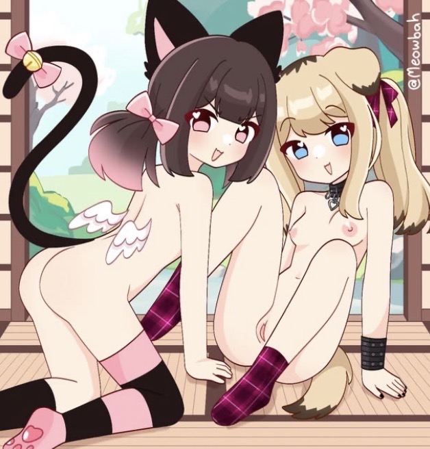 2girls, blonde hair, blue eyes, boobs, brown hair, cat ears, cat girl, cat tail, dog ears, dog girl, dog tail, meowbahh, meowbahh (artist), naked, pink eyes, pussy