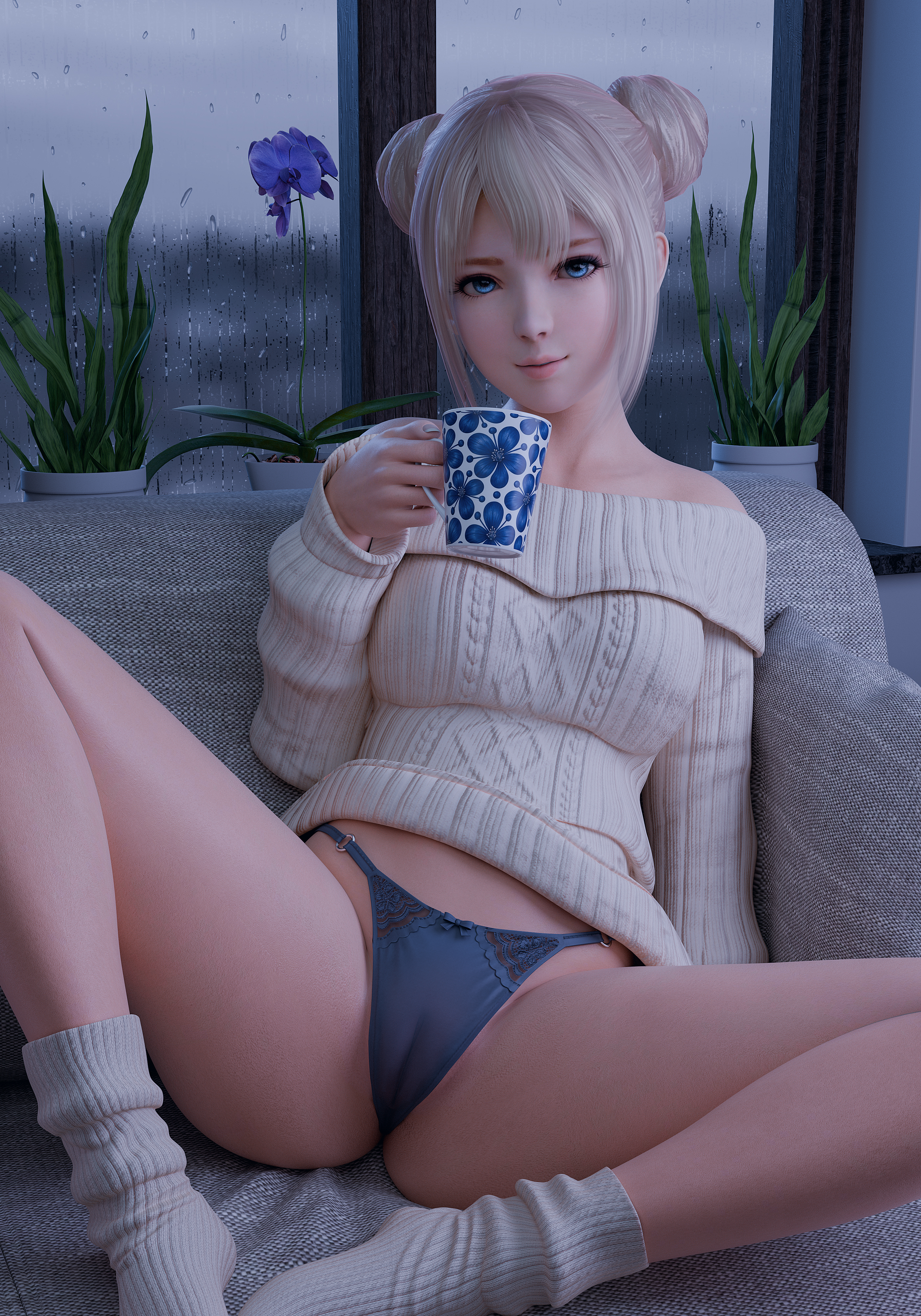 1girls, 3d, 3d (artwork), bangs, blonde hair, blue eyes, blue panties, bottomwear, breasts, buns, cameltoe, clothing, couch, cute, dead or alive, double bun, drink, female, female only, flower pot, footwear, hair, hair bun, hair buns, holding drink, holding object, lace, lace trim, lace-trimmed panties, lips, looking at viewer, marie rose, mug, panties, radianteld, socks, solo, solo female, spread legs, sweater, thighs, tied hair, topwear