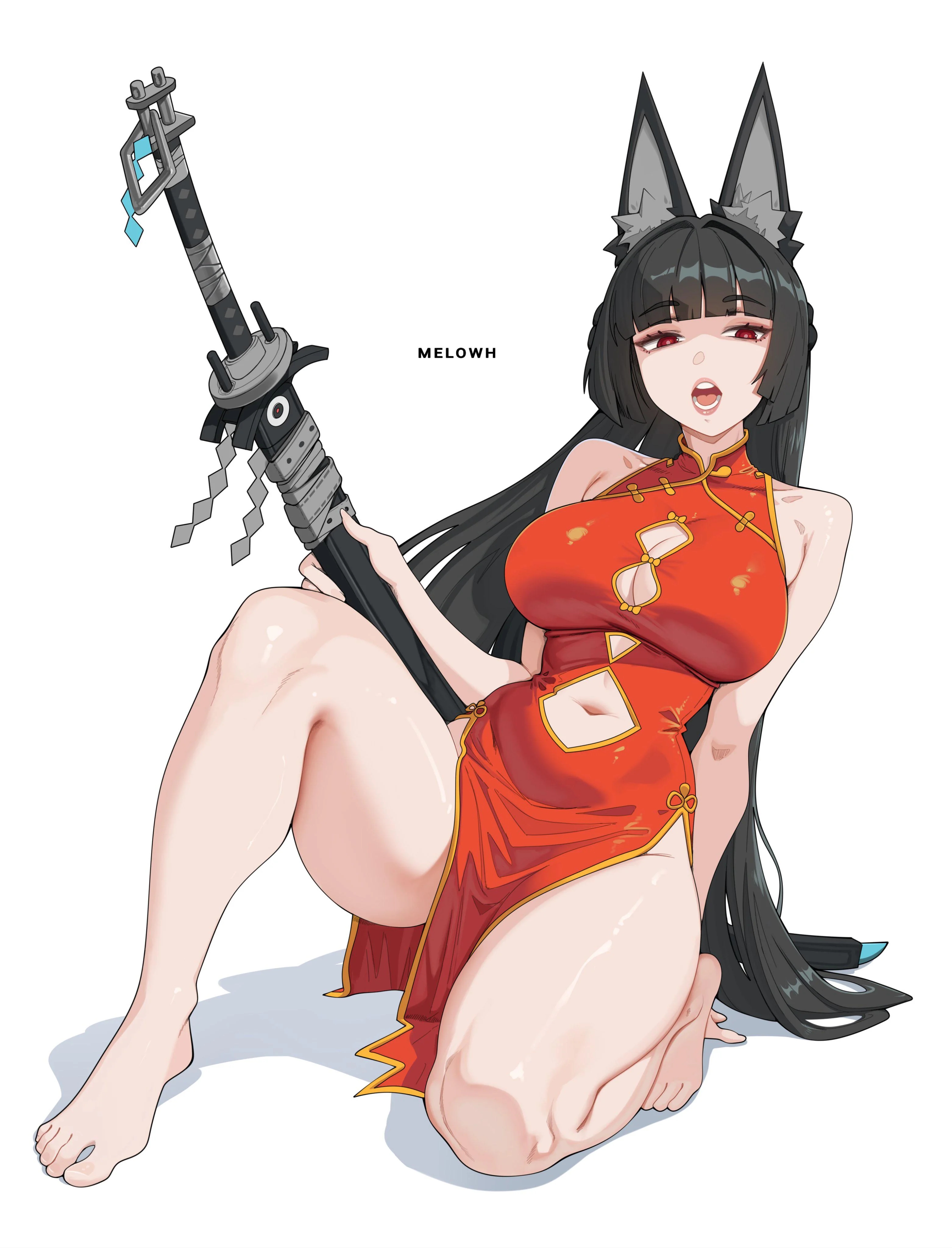 1girl, 1girls, barefoot, chinese clothes, female, female only, hoshimi miyabi, katana, long hair, melowh, solo, solo female, solo focus, thick thighs, zenless zone zero