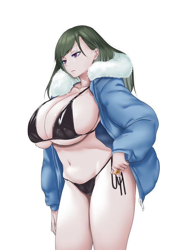 1girls, big breasts, bikini, black bikini, breasts, female, fur, green hair, hair, large breasts, large nipples, long hair, looking away, nipples, original, original character, purple eyes, ring, tagme, teeth, tomiokasena, tongue, white skin
