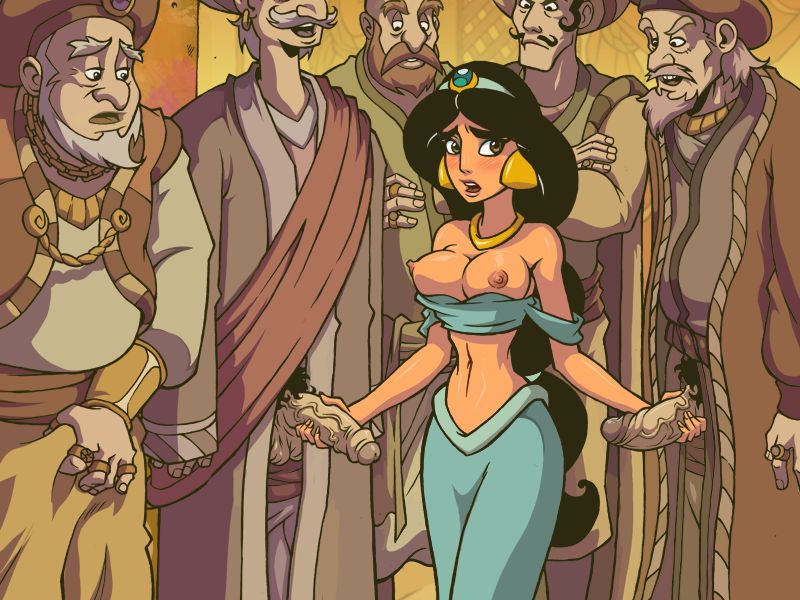 1girls, 5boys, akabur, aladdin, arabian clothes, audience, blushing, breasts, breasts out, clothed male nude female, disney, disney princess, enslaved royal, exposed breasts, female, hand on penis, handjob, harem outfit, male, multiple males, old male, penis, princess jasmine, public, public humiliation, public nudity, shirt down, surrounded by men, veiny penis