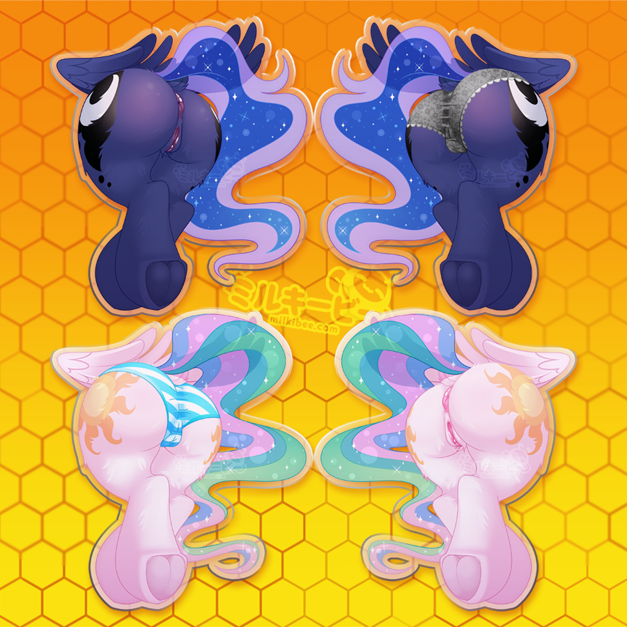 2girls animal_genitalia anus ass duo equine faceless_female female female_only friendship_is_magic furry grey_panties hooves milkibee my_little_pony panties princess_celestia_(mlp) princess_luna_(mlp) rear_view simple_background striped_panties underhoof wings