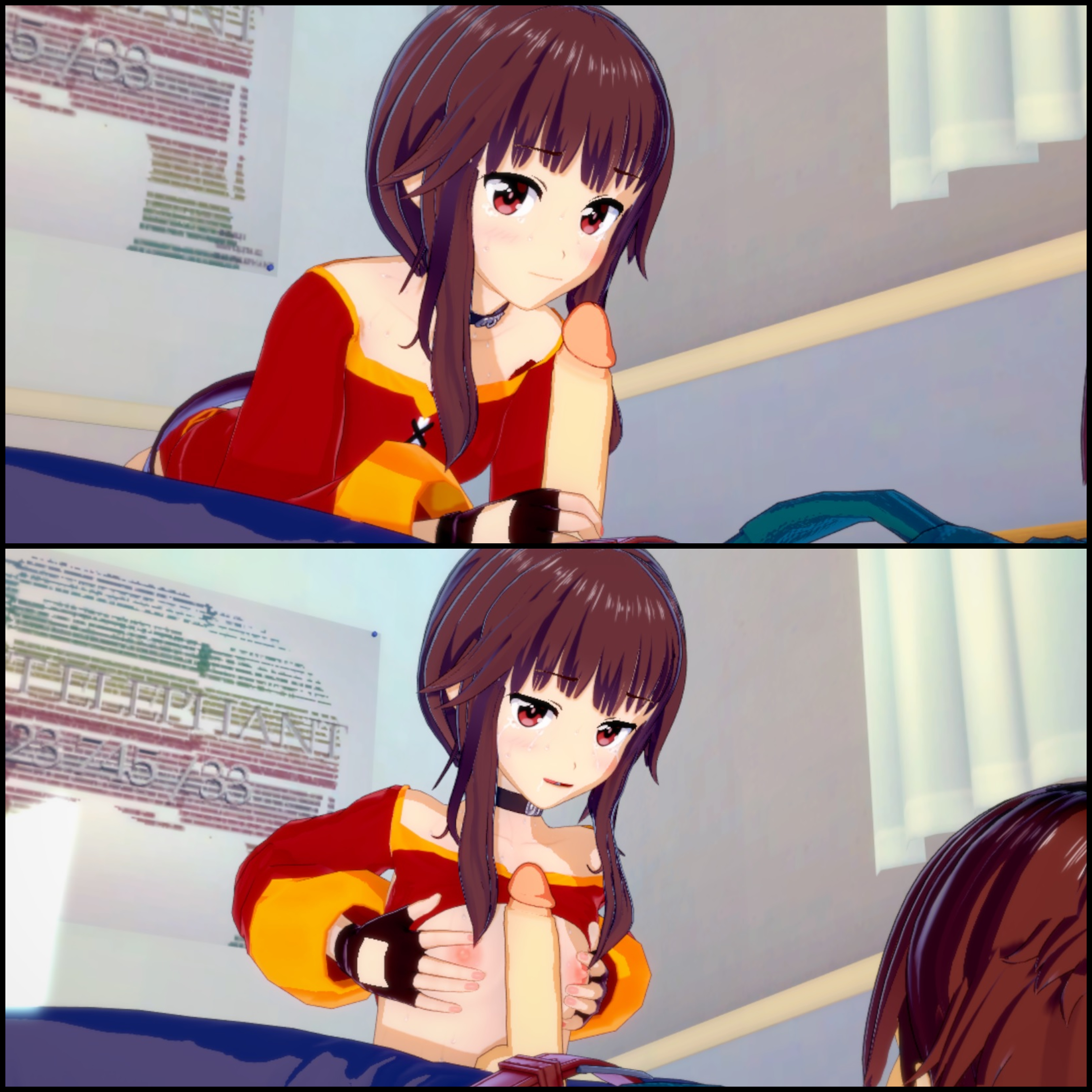 1boy, 1girls, 3d, breasts, cute, female, handjob, kono subarashii sekai ni shukufuku wo!, male, megumin, naizuri, paizuri, penis, satou kazuma, size difference, staring at penis, titjob