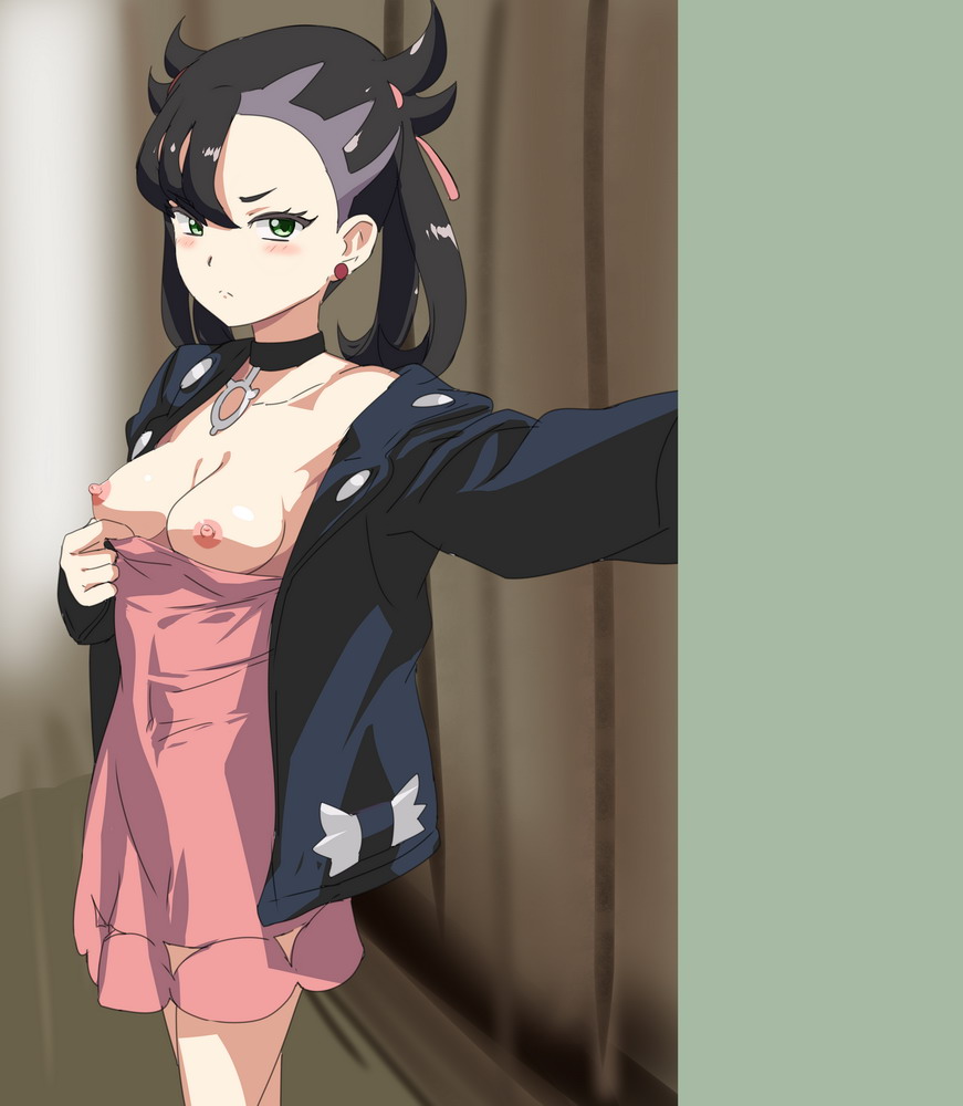 1girls areola black_choker black_hair black_jacket blush breasts choker closed_mouth covered_navel dress dress_pull eye_contact green_eyes hair_over_one_eye half-closed_eyes human indoors jacket looking_at_viewer marnie_(pokemon) nintendo nipples no_bra ontaros pink_dress pokemon pokemon_ss selfie standing twintails