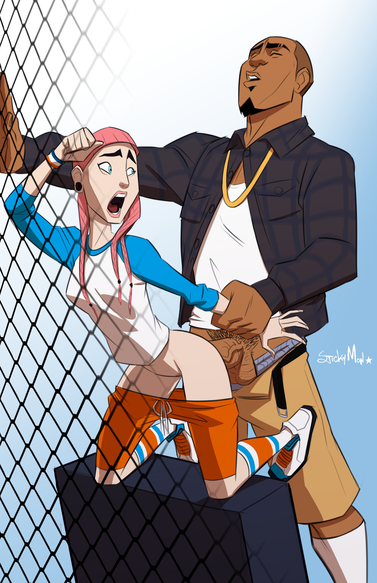 :o, 3on3freestyle, big penis, blue eyes, cindy, cindy (3on3 freestyle), dark skin, dark-skinned male, female, from behind, interracial, male, male penetrating, mouth open, pedro (3on3 freestyle), penetration, penis, petite, pink hair, pubic hair, restrained, shorts, size difference, smaller female, stickymon, straight, tagme, veiny penis