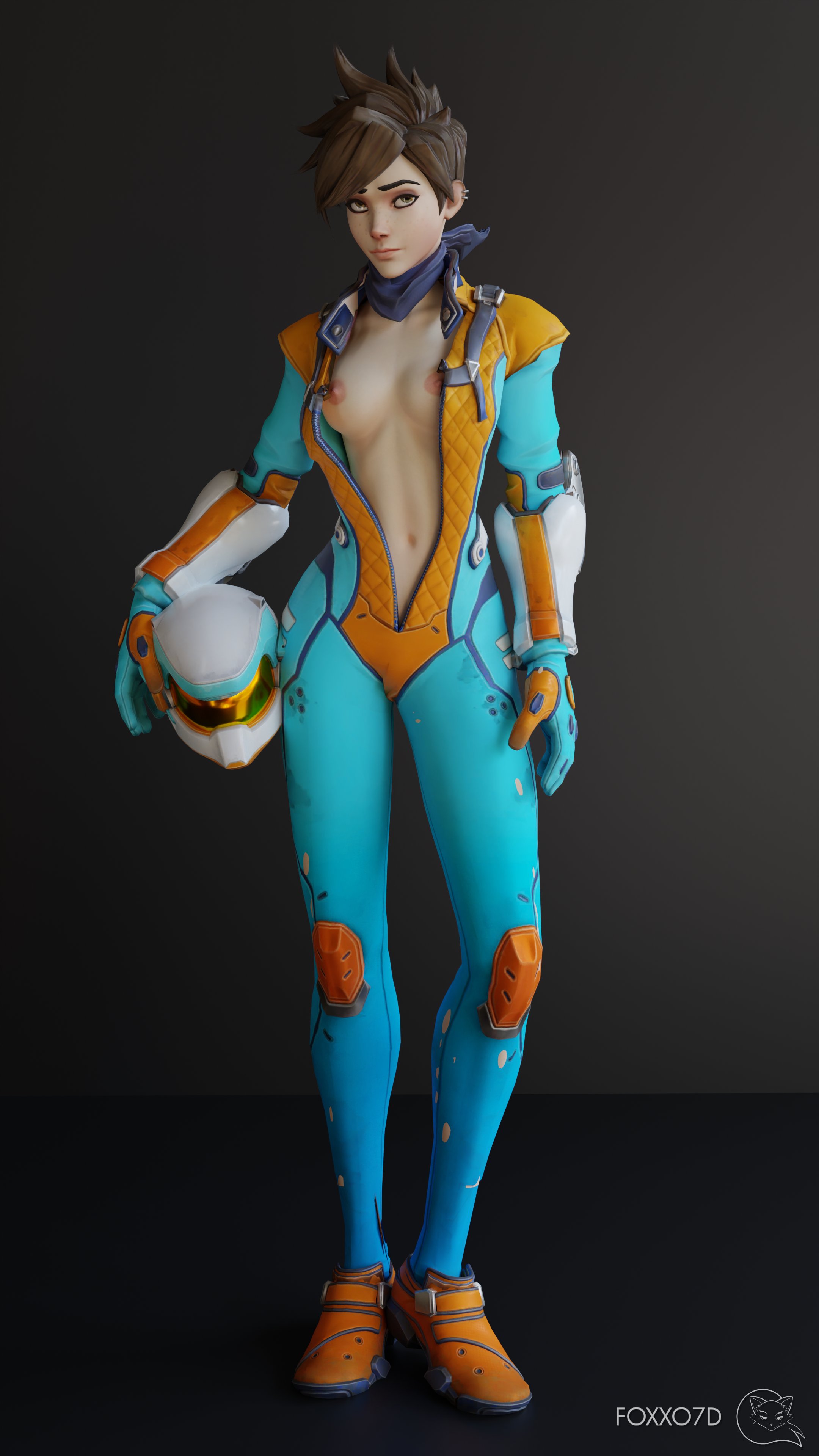 1girls, 3d, areolae, breasts, brown hair, cleavage, cute, ear piercing, earrings, female, female only, floxu7d, mach t tracer, nipples, overwatch, partially clothed, solo, tracer