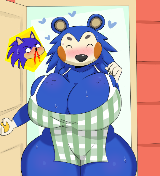 2020 animal_crossing animal_crossing_new_horizons anthro apron_only big_breasts blush collarbone curvy diaslev_(artist) eyes_closed female female_focus heart large_breasts large_thighs mabel_able milf nintendo nosebleed sega sonic_(series) sonic_the_hedgehog sonic_the_hedgehog_(series) sonique_the_hedgehog sweat thick_thighs viciodamp