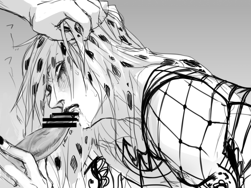 diavolo, fellatio, fishnets, gay, hair pull, ichimoku, jojo's bizarre adventure, lipstick, long hair, male, male only, oral sex, runny makeup, vento aureo, yaoi