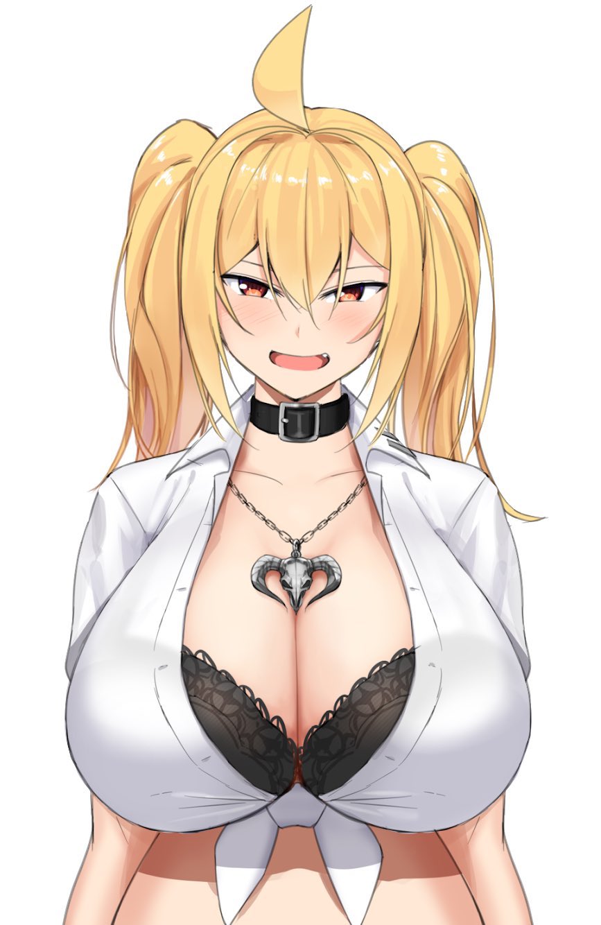 1girls big_breasts black_bra blonde_hair bra bra_cups_sticking_out bra_visible_through_clothes breasts cleavage clothing collar female female_only gyaru haks huge_breasts kirome_(kamipaper) large_breasts long_hair looking_at_viewer necklace necklace_between_breasts original_character saaya_(kirome) simple_background solo solo_female tagme tied_shirt tongue twintails virtual_youtuber voluptuous white_background white_shirt yellow_eyes