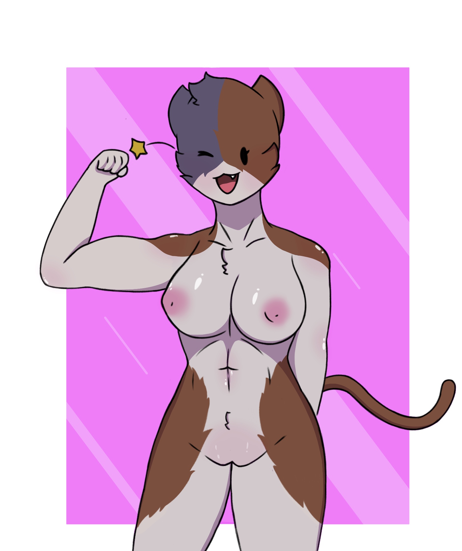 artist request, blinking, breasts, breasts out, cat ears, cat tail, female, furry, meowscles (fortnite), naked, r63 meowscles, rule 63, tagme