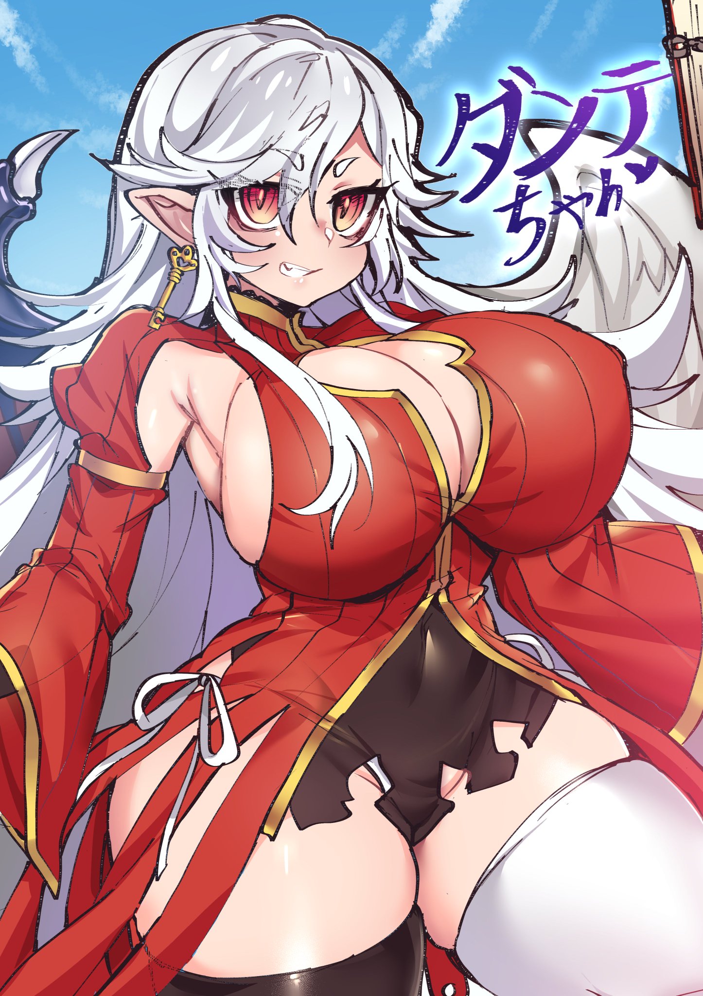 big breasts, breasts, cleavage, curvy, earrings, female, gradient eyes, grin, huge breasts, long hair, looking at viewer, osiimi, panties, pointy ears, short dress, side-tie panties, thick thighs, thighhighs, white hair, wings