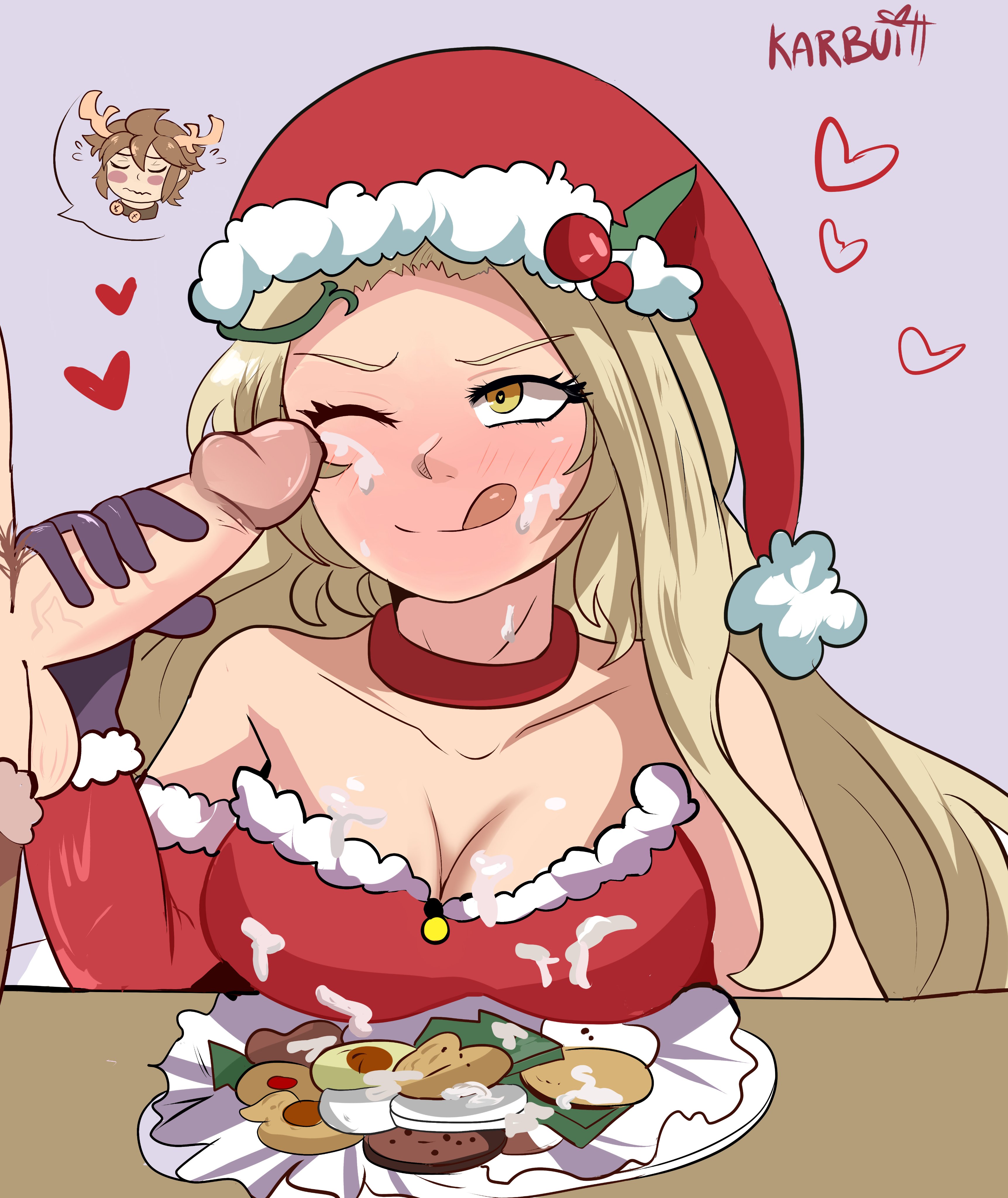 1boy, 1girls, blushing, breasts, choker, christmas, cum on body, cum on breasts, cum on clothes, cum on face, cum on food, facial, female, food, hearts, karbuitt, kid icarus, male, offscreen character, one eye closed, pit (kid icarus), santa costume, tagme, tongue, viridi