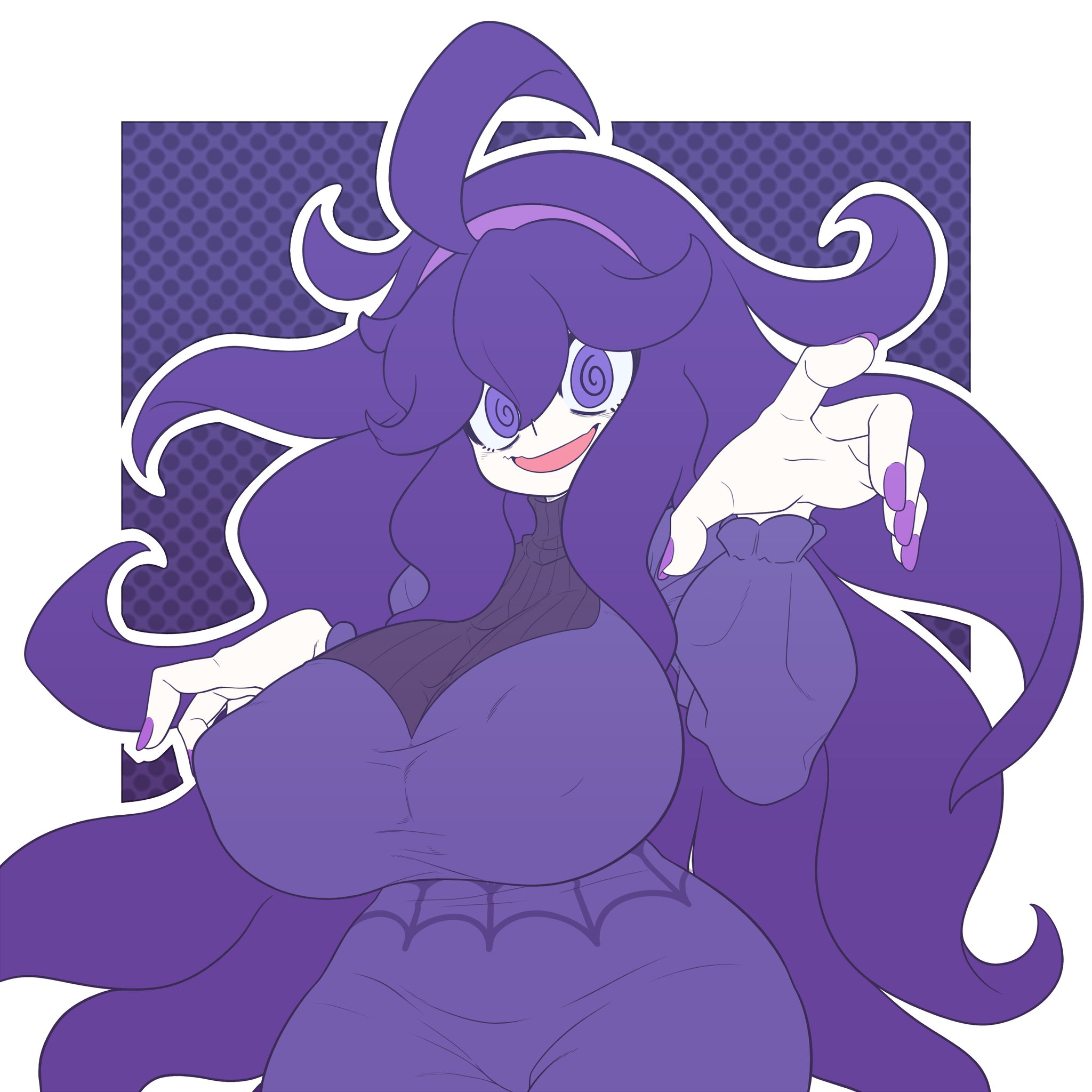 1girls, ahoge, alternate breast size, ass, big breasts, big hair, breasts, chubby, clothed, clothes, diadem, dress, eye contact, female, female only, hairband, hex maniac, horny, huge ass, huge breasts, human, kaikoinu, long hair, long nails, looking at viewer, nail polish, nintendo, nipple bulge, npc trainer, open mouth, pale skin, pokemon, pokemon xy, pose, purple background, purple dress, purple eyes, purple hair, purple nails, smile, spiral eyes, standing, thick thighs, white border, wide hips