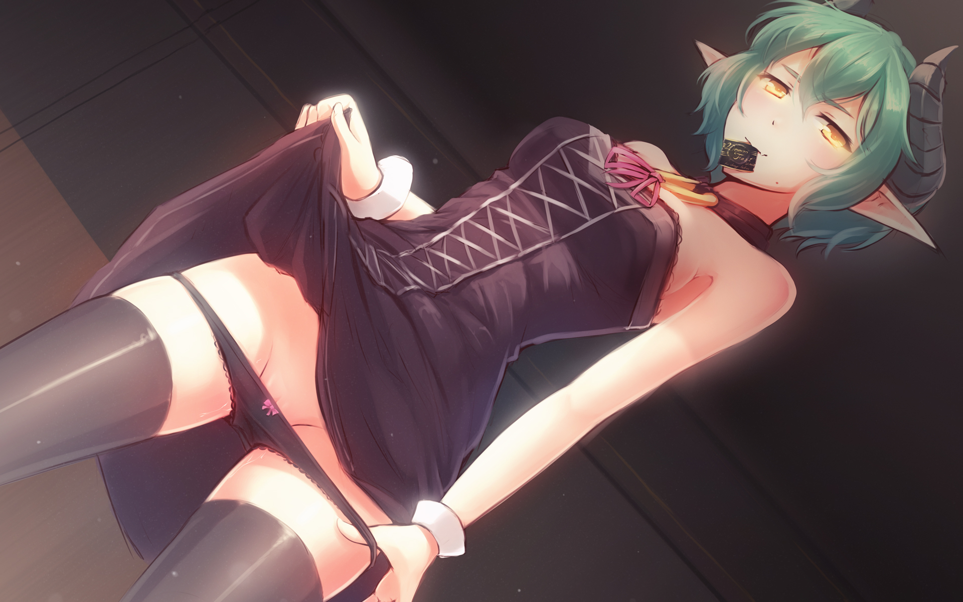 1girls, choker, condom, demon, demon horns, female, fiend (juniper's knot), green hair, horns, juniper's knot, kerasu, panties, panties down, pointy ears, ricegnat, solo, source request, succubus, thighhighs, upskirt