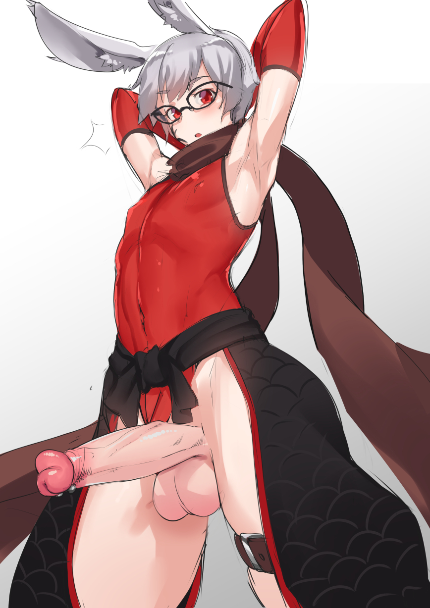 1boy, animal ears, arms up, balls, big penis, detached sleeves, erection, femboy, final fantasy, final fantasy xiv, frenum piercing, glasses, looking at viewer, male, male only, open mouth, penis, red eyes, sash, scarf, short hair, silver hair, sleeveless, solo, stormcow, taiyo akari, testicles, viera