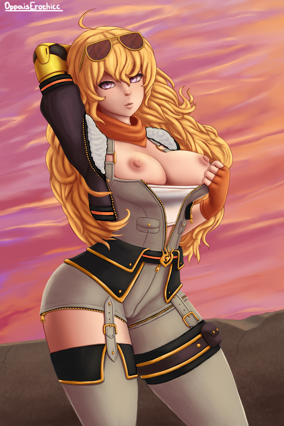 1girls, ahoge, arm behind head, arm up, asymmetrical clothes, asymmetrical legwear, belt, blonde hair, breasts, breasts out, female, female focus, female only, fur trim, fur-trimmed jacket, jacket, long hair, looking at viewer, mechanical arm, neckerchief, nipples, open clothes, open jacket, oppaiserothicc, outdoors, prosthetic, prosthetic arm, purple eyes, robotic arm, rooster teeth, rwby, smile, sunglasses, sunglasses on head, wavy hair, yang xiao long