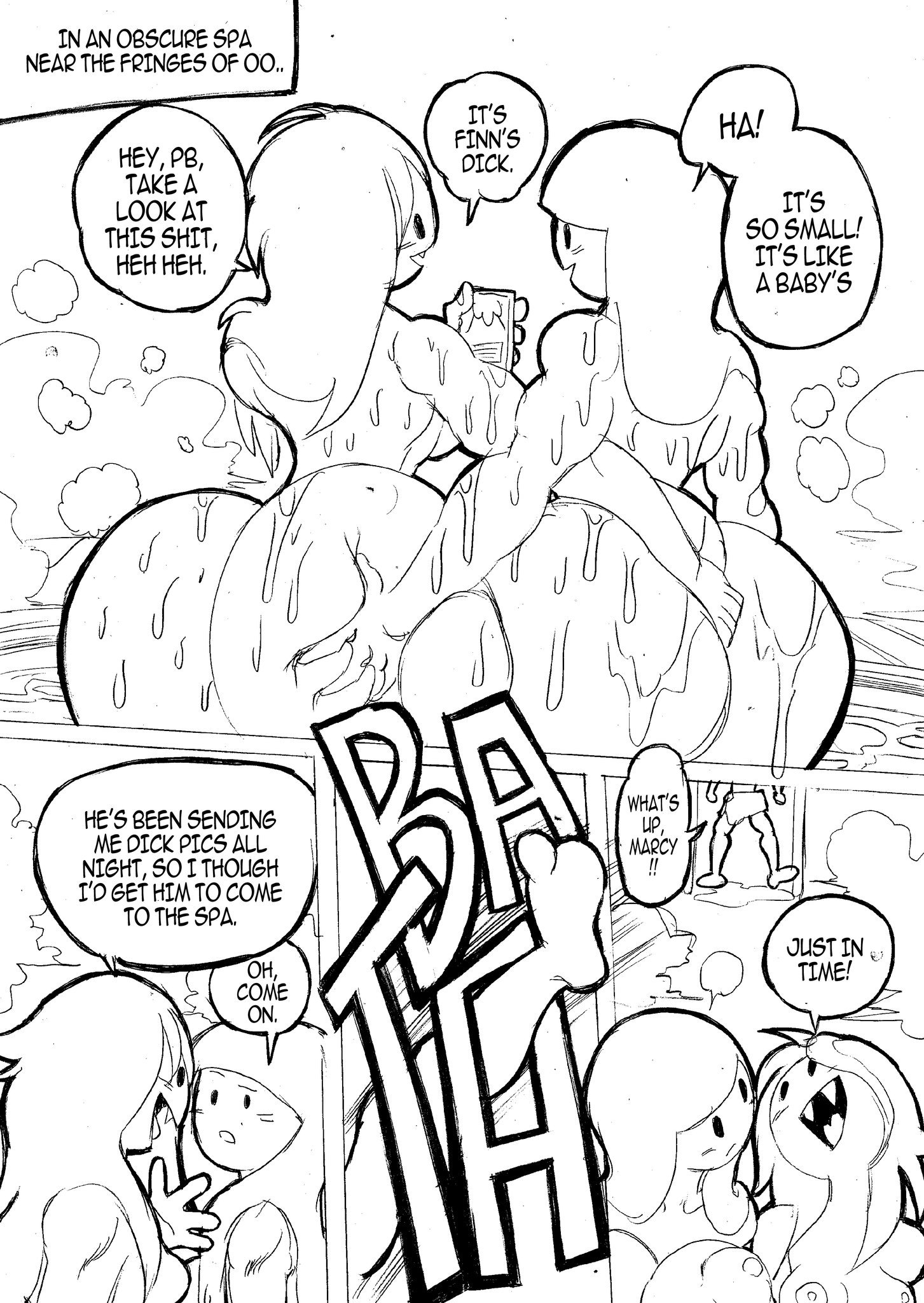 1boy, 2futas, adventure time, ass, ass grab, big ass, breasts, comic, dialogue, english text, finn the human, futa is bigger, futa on male, futanari, goudadunn, groping, groping ass, huge ass, intersex, large ass, male, malesub, marceline, penis, penis size comparison, penis size difference, princess bubblegum, sauna, small penis, small penis humiliation, smaller male, speech bubble, standing, steam, sweat, text