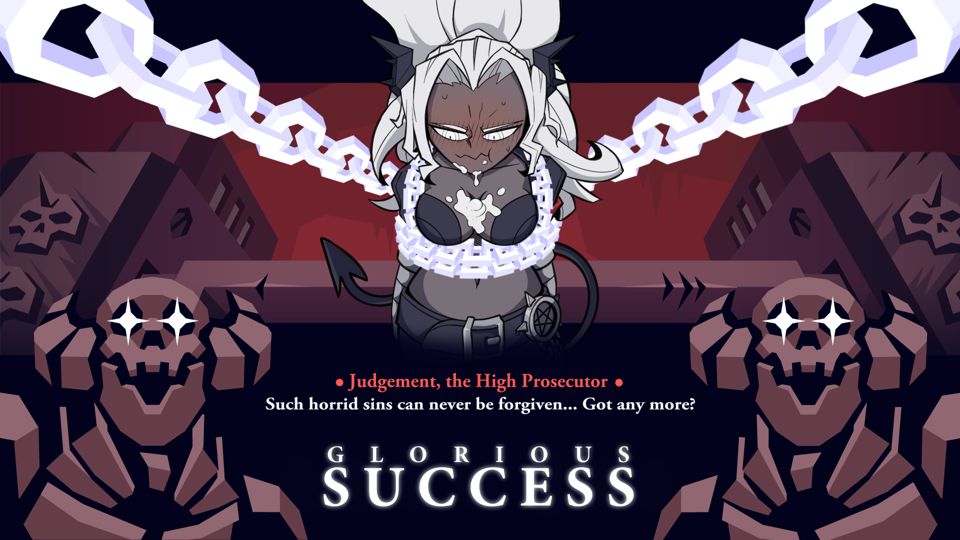 1girls, blush, bondage, breasts, dark skin, demon, demon girl, demon tail, eating, female, grey skin, helltaker, horns, judgement (helltaker), long hair, looking away, mouth closed, ponytail, tail, white eyes, white hair, zlasova
