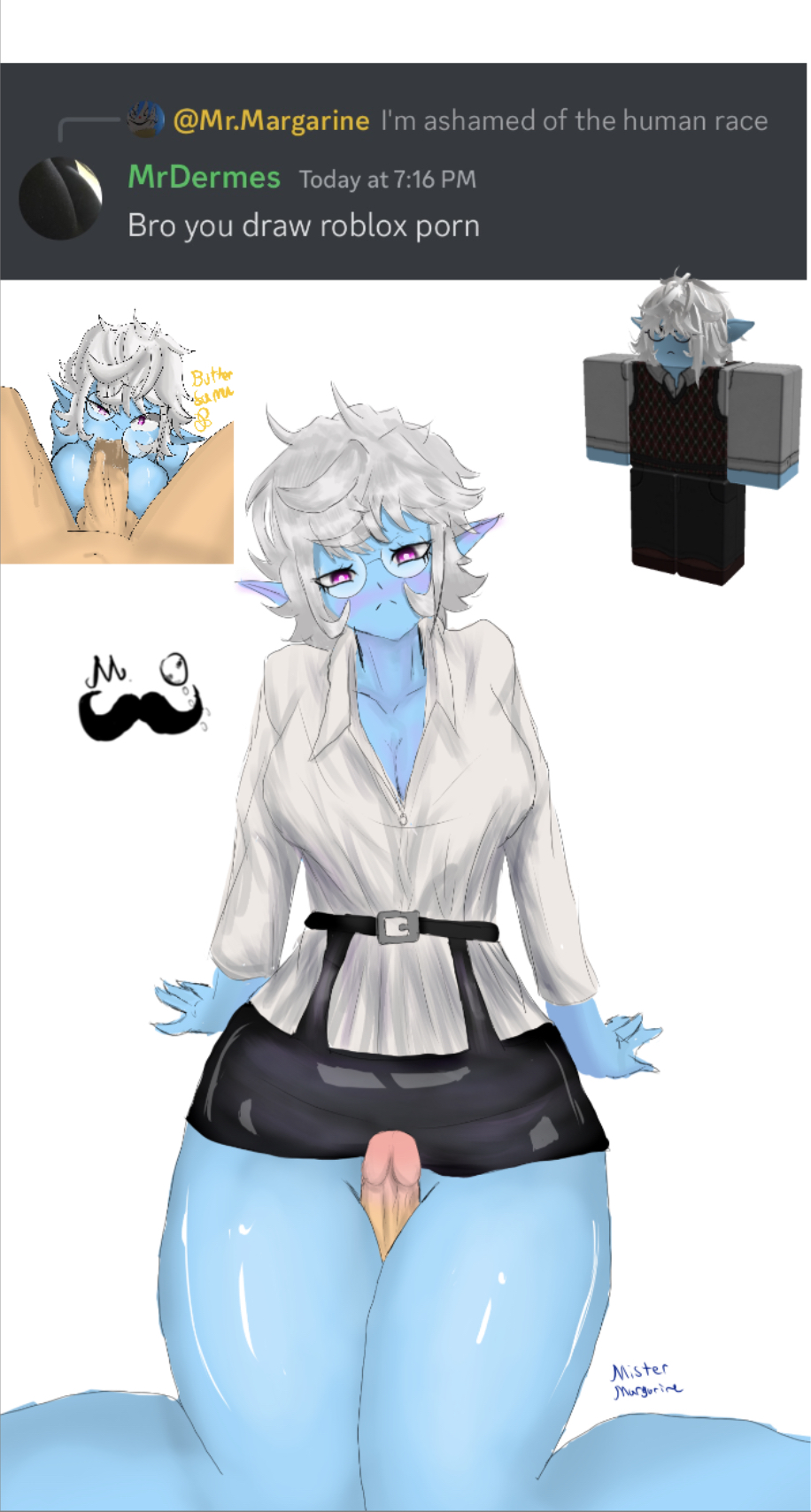 1boy, 1girls, blue skin, blush, breasts, butter sama, cleavage, discord, female, glasses, male, meme, oral, paizuri, penis, reference image, roblox, roblox avatar, robloxian, source request, tagme, thigh sex, thighs, white hair