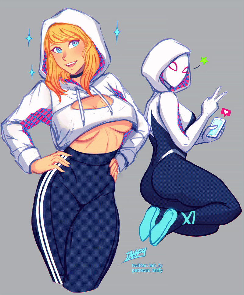 1girls, ass, breasts, cleavage, female, female only, gwen stacy, iahfy, looking at viewer, looking back, marvel, marvel comics, mask, masked, masked female, solo, spider-gwen, spider-man (series), spider-man: into the spider-verse, underboob