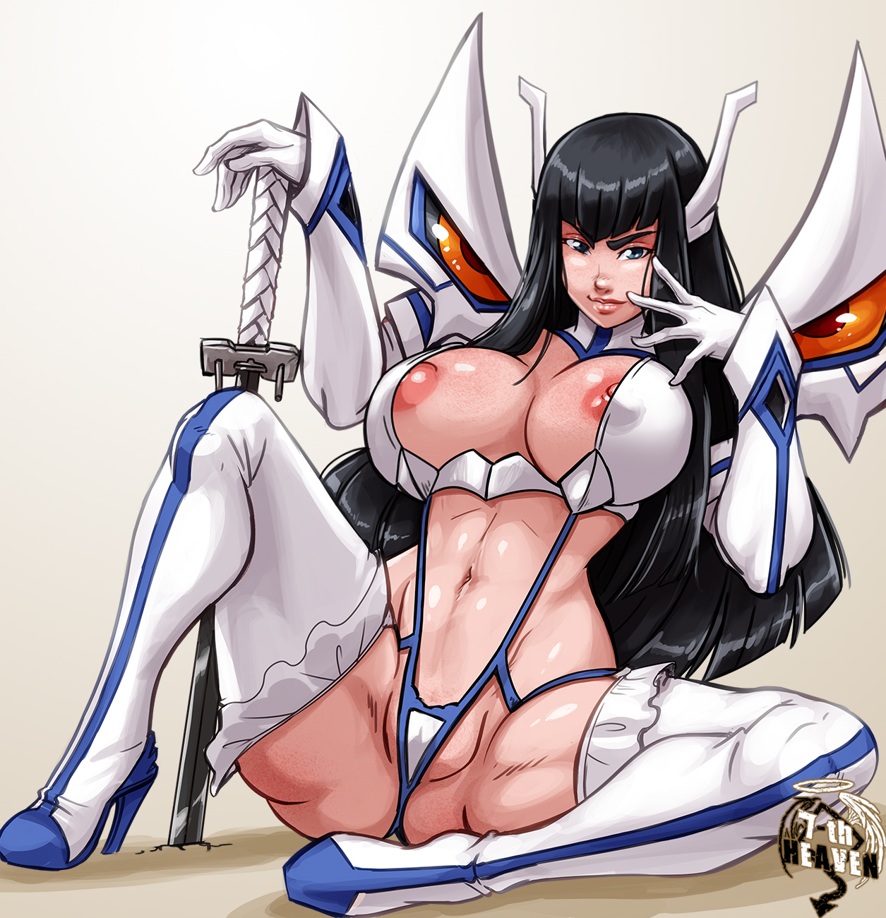 1girls, 7th-heaven, areolae, big breasts, black hair, black-haired female, boots, breasts, female, female only, high heel boots, high heels, huge breasts, junketsu, kill la kill, kiryuuin satsuki, large breasts, nipples, shoes, solo, spread legs, thigh boots, thighhighs