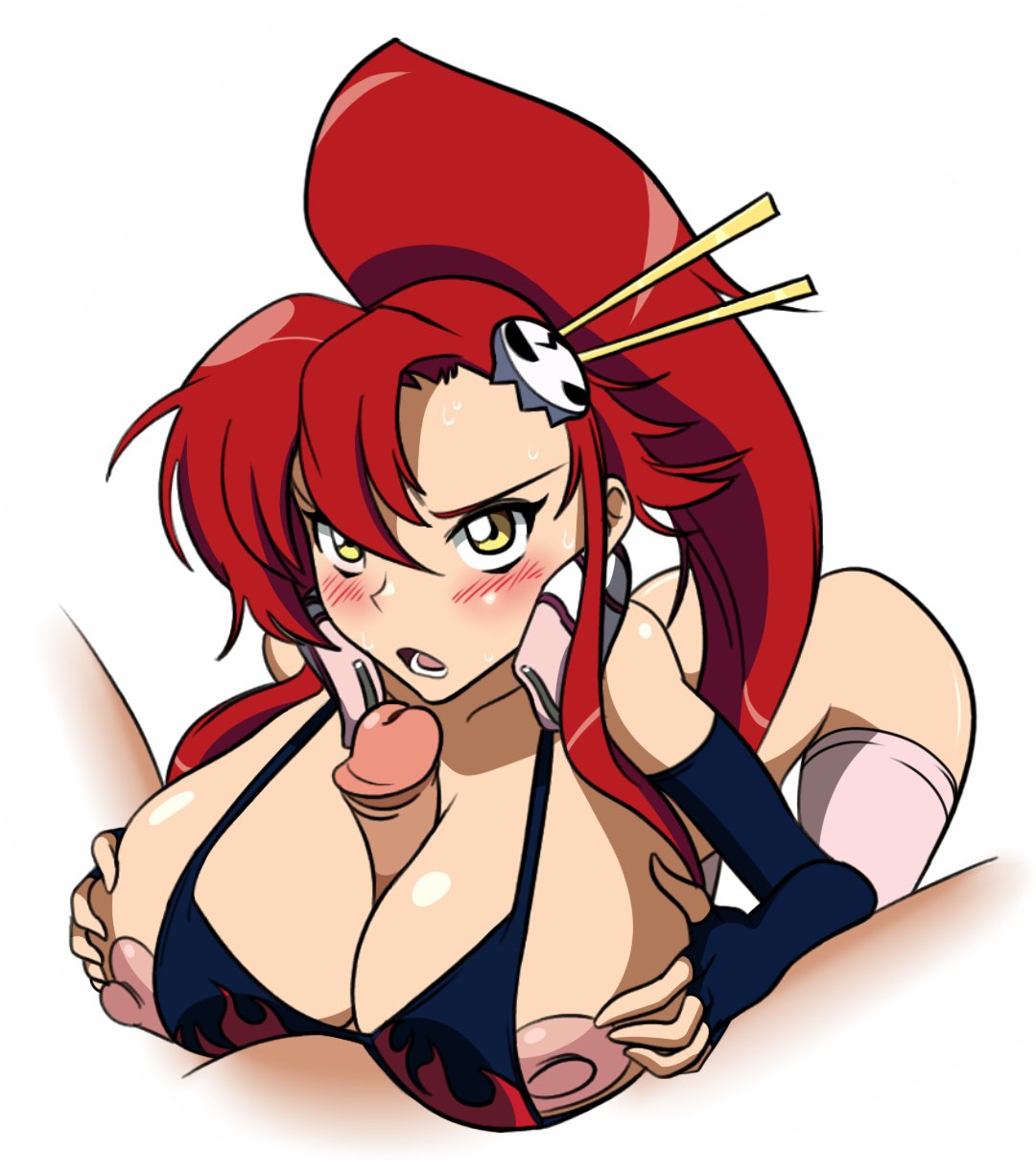 1boy, 1girls, alternate breast size, areola slip, areolae, big breasts, bikini top, breasts, faceless male, female, huge breasts, incogneato, large breasts, looking at viewer, male, nipple slip, nipples, paizuri, penis, red hair, straight, tengen toppa gurren lagann, white background, yellow eyes, yoko littner